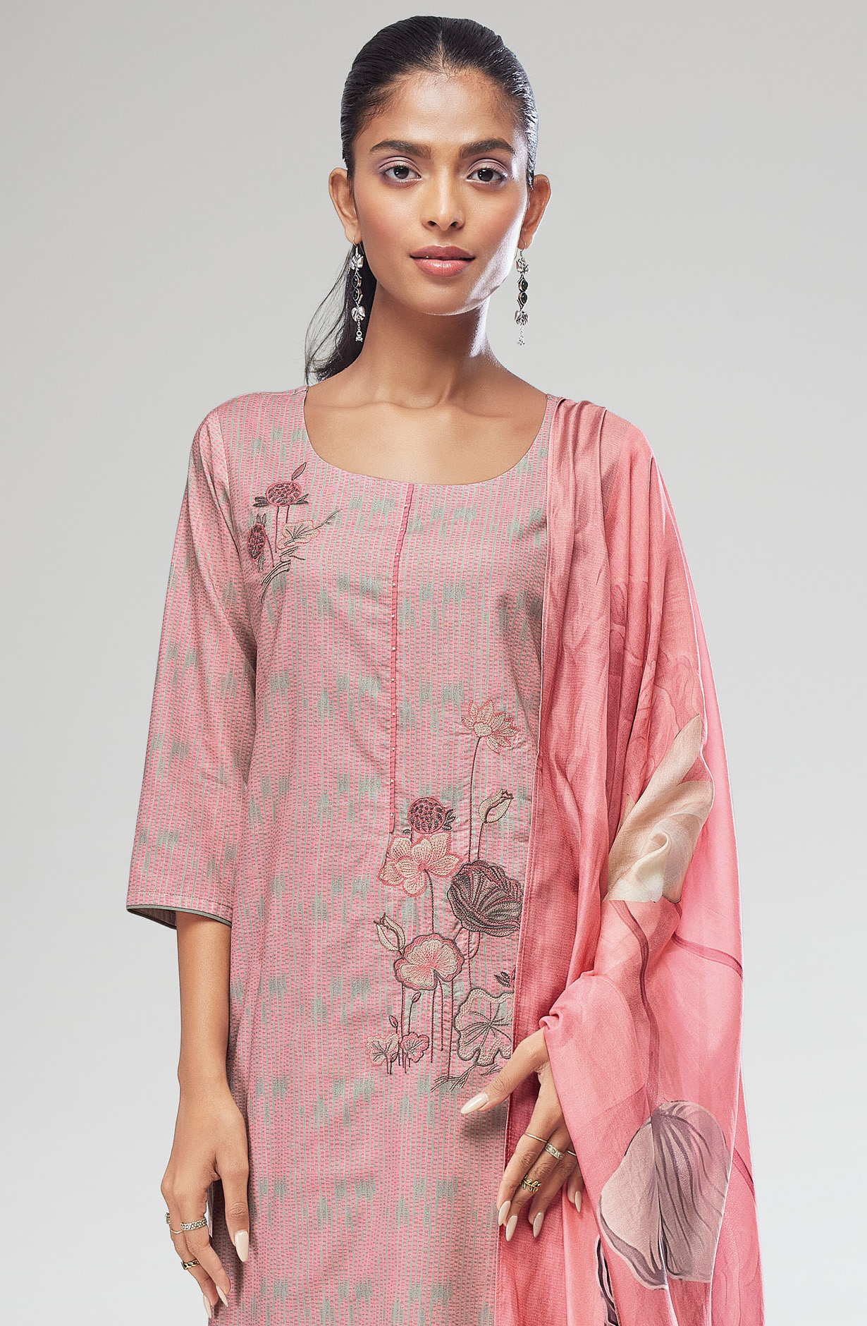 Grey and Pink Cotton Digital Printed Suit-sets with Muslin Dupatta - NIKS1670D