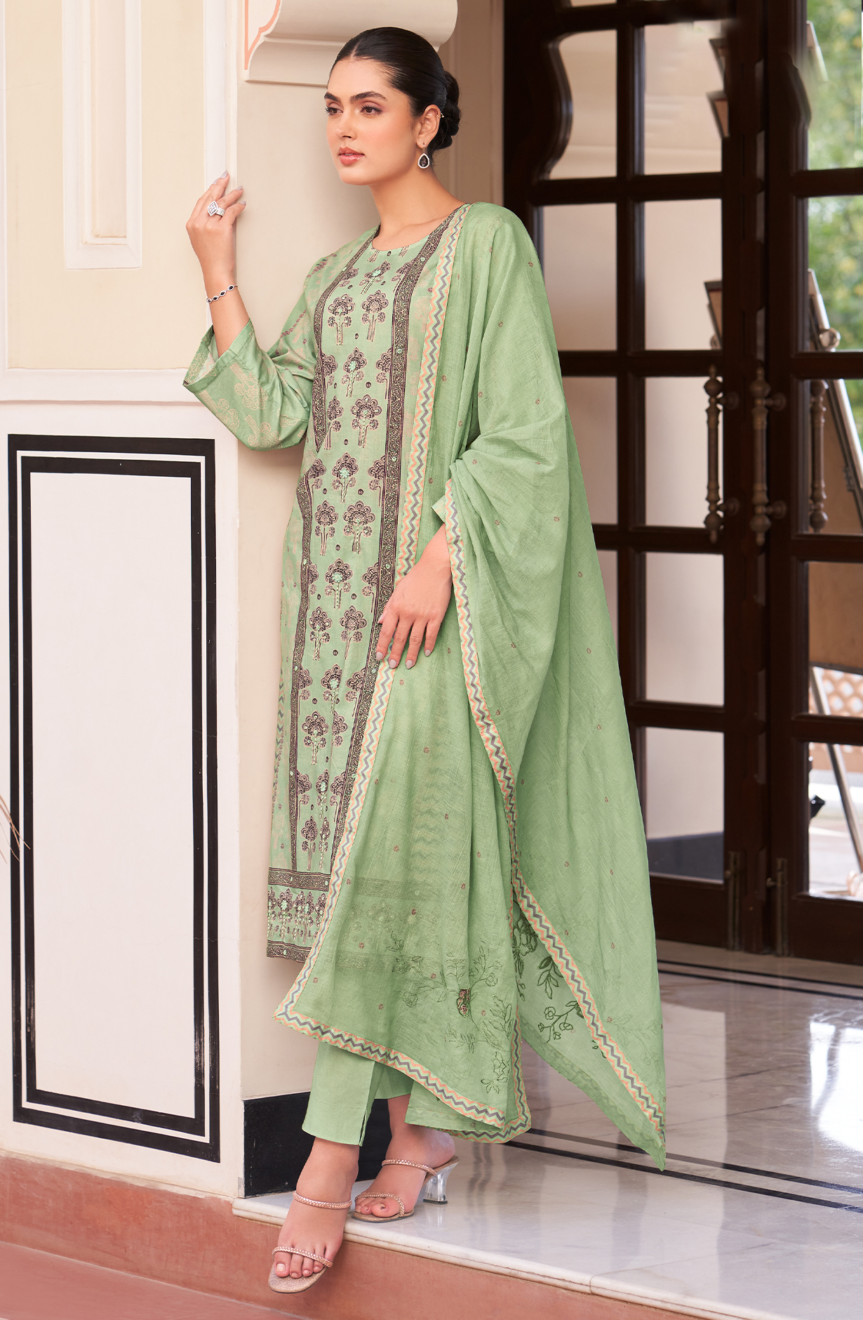 Green Cotton Digital Printed Unstitched Suit with Handwork - NIL633