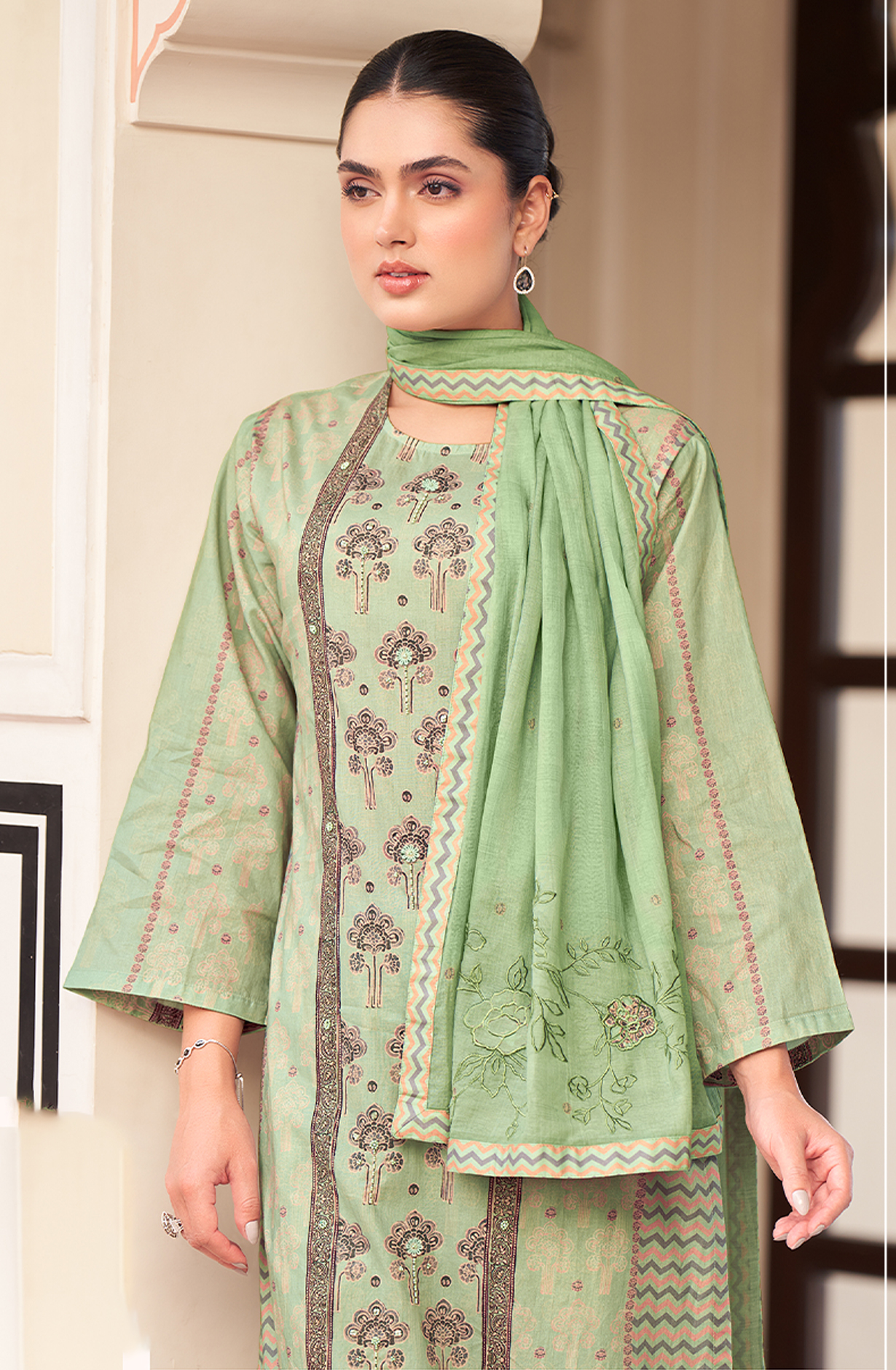 Green Cotton Digital Printed Unstitched Suit with Handwork - NIL633