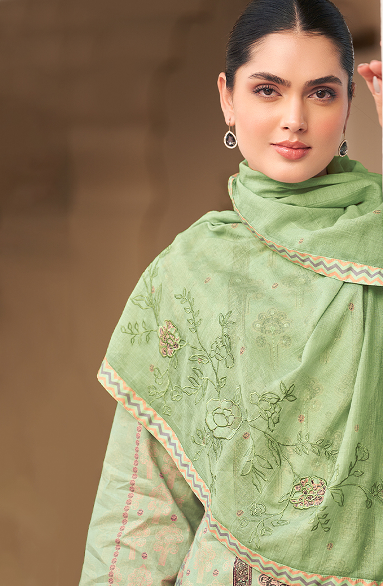 Green Cotton Digital Printed Unstitched Suit with Handwork - NIL633