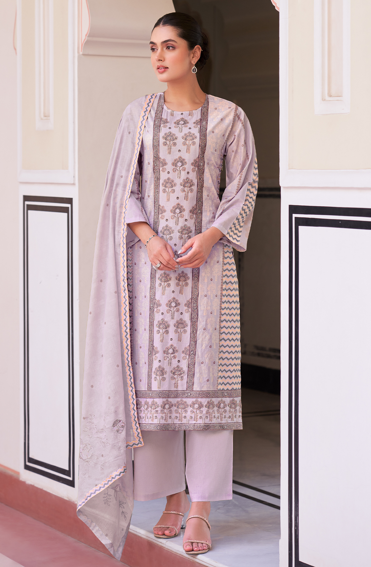 Lavender Cotton Digital Printed Unstitched Suit with Handwork - NIL639