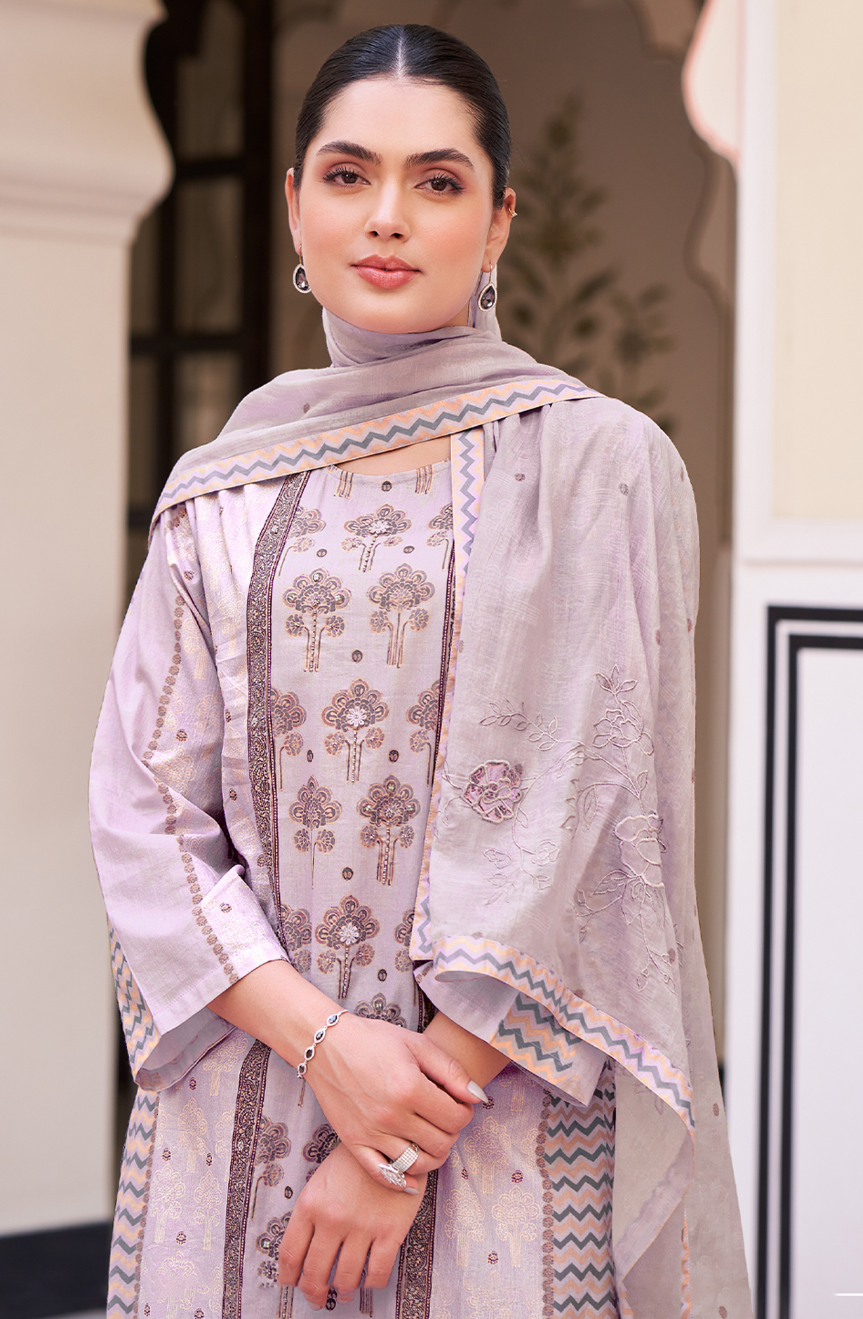 Lavender Cotton Digital Printed Unstitched Suit with Handwork - NIL639