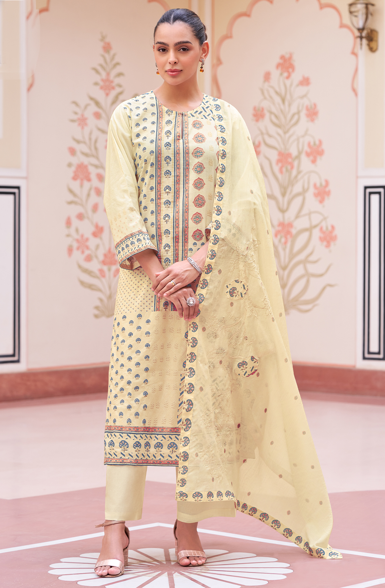 Cream Cotton Digital Printed Unstitched Suit with Handwork - NIL647
