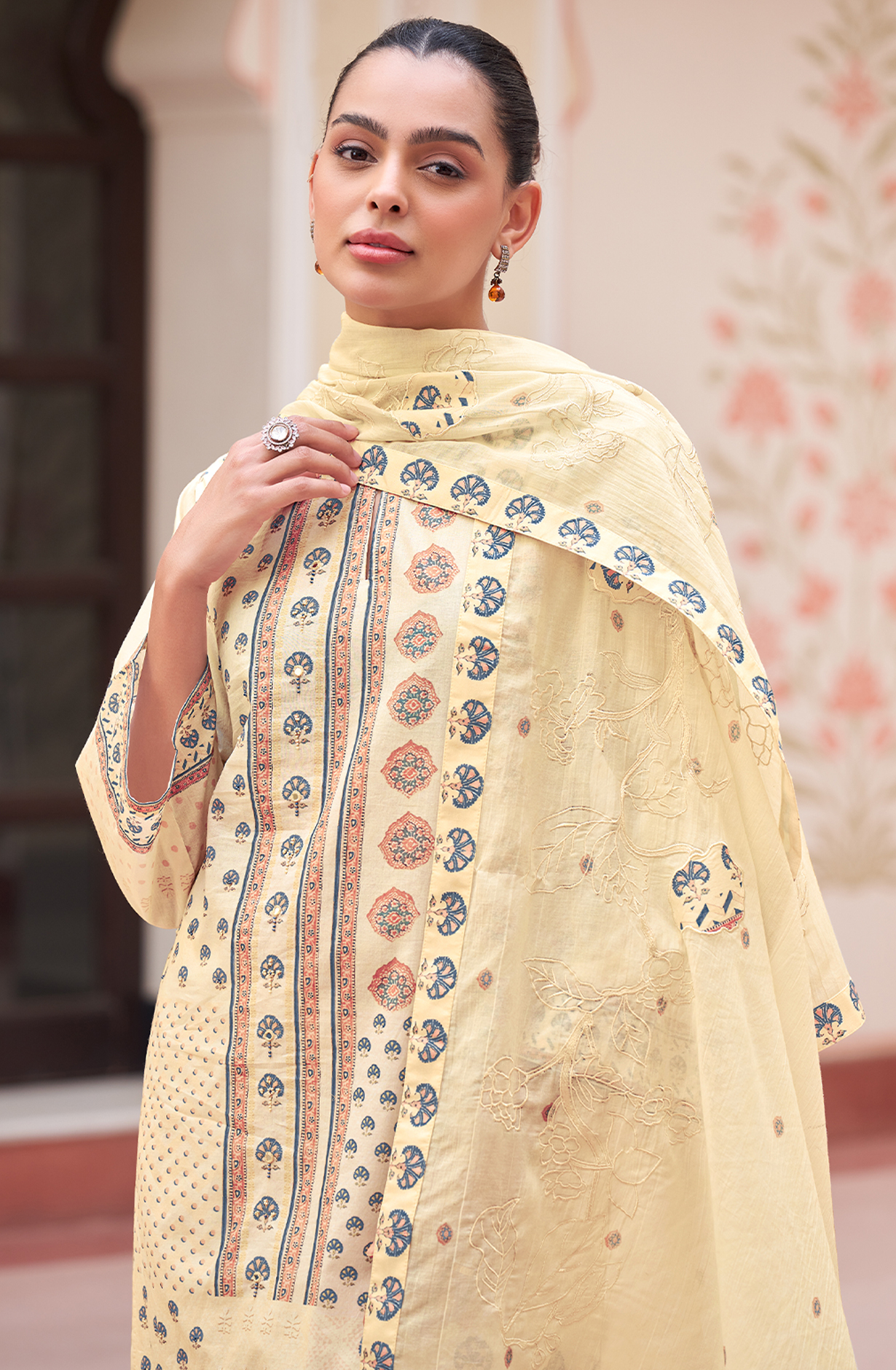 Cream Cotton Digital Printed Unstitched Suit with Handwork - NIL647