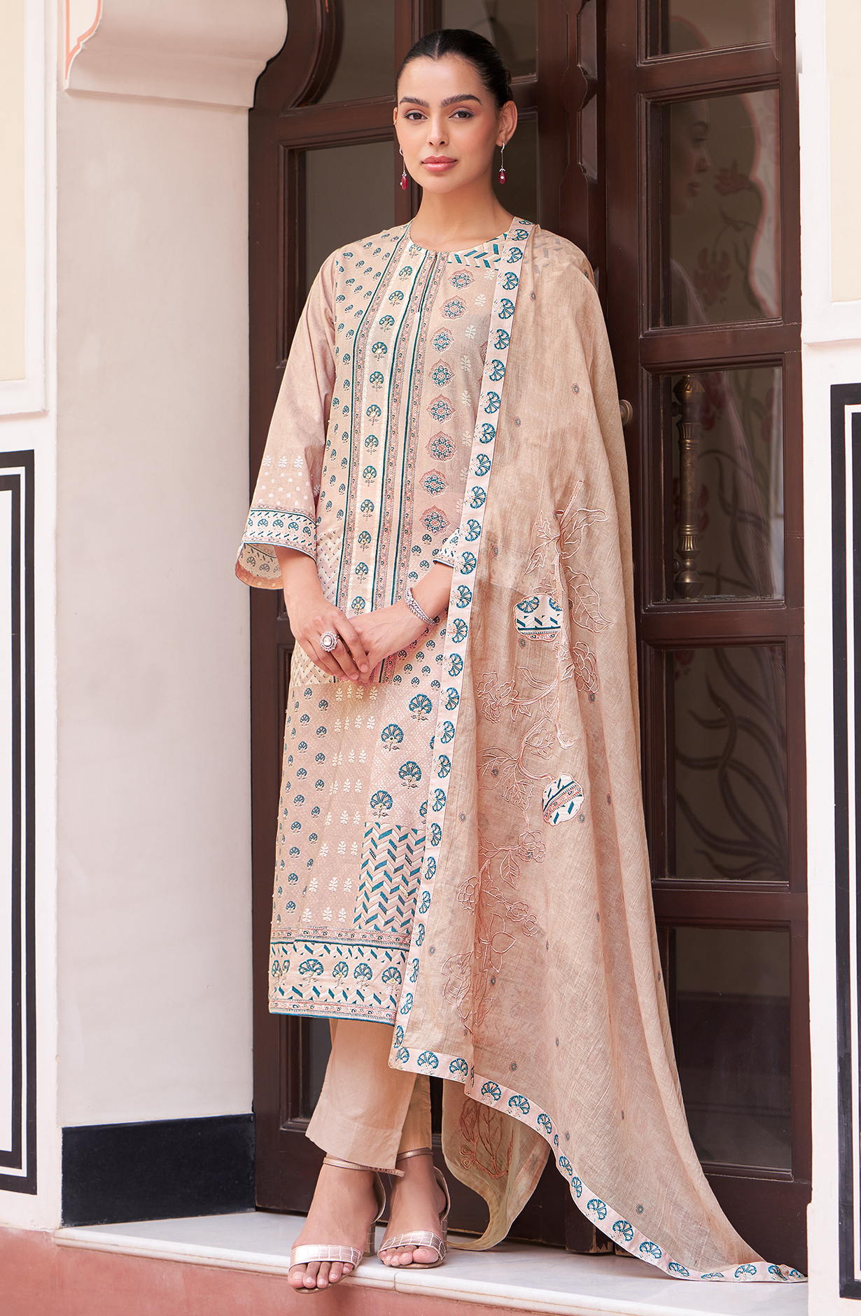 Peach Cotton Digital Printed Unstitched Suit with Handwork - NIL653