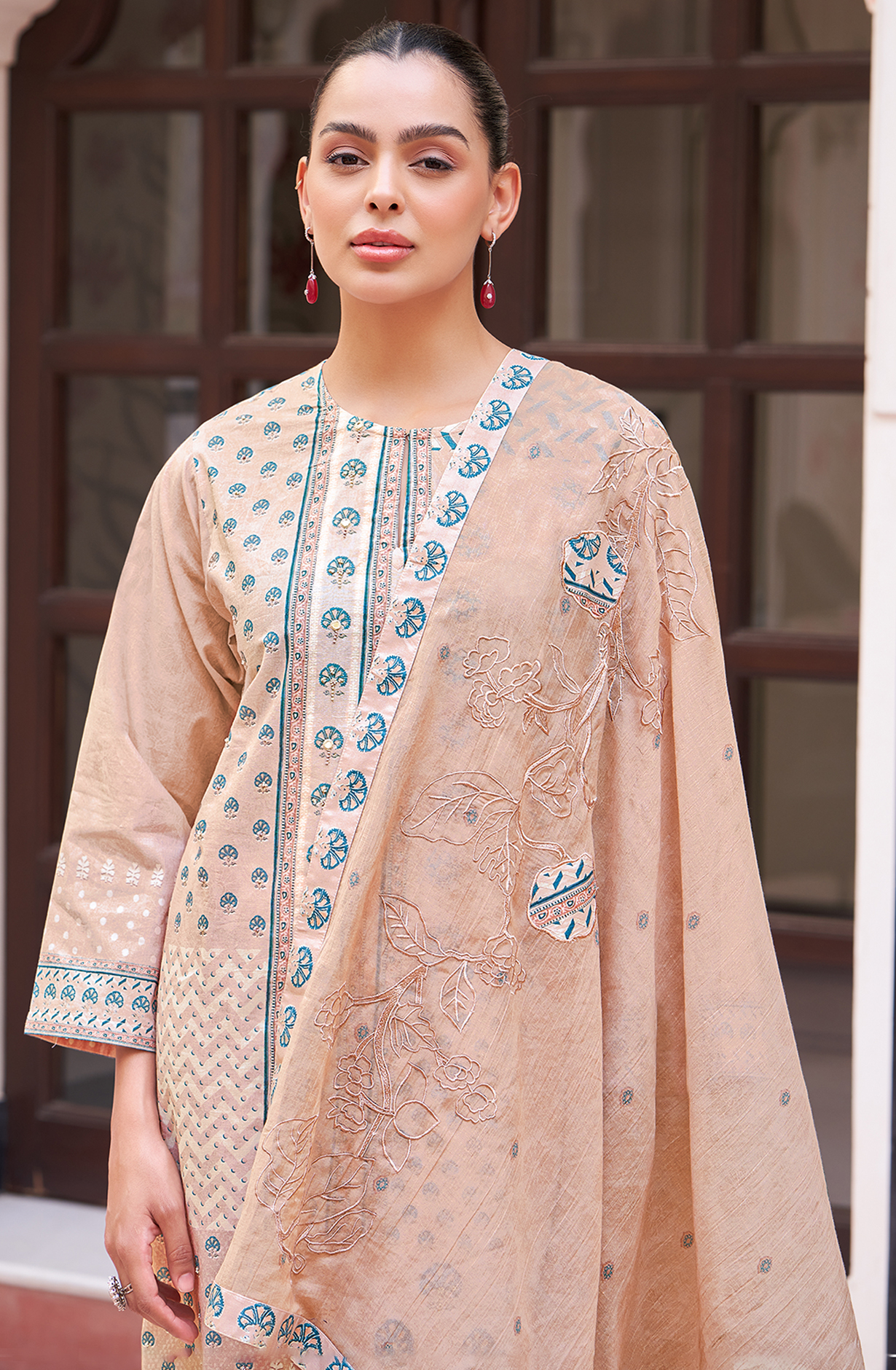 Peach Cotton Digital Printed Unstitched Suit with Handwork - NIL653