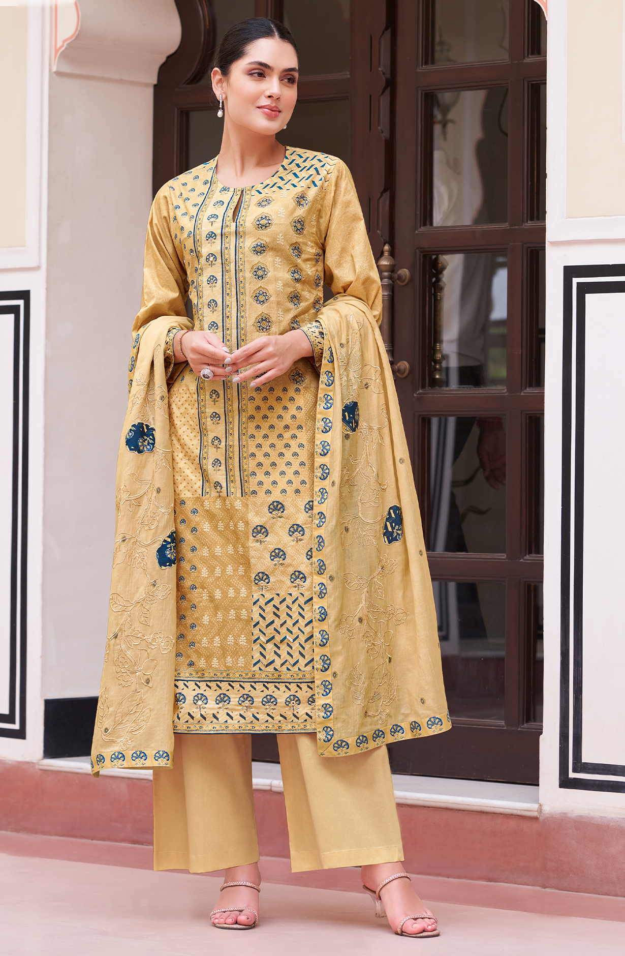 Mustard Cotton Digital Printed Unstitched Suit with Handwork - NIL694