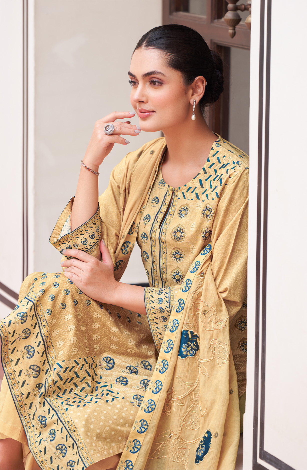 Mustard Cotton Digital Printed Unstitched Suit with Handwork - NIL694