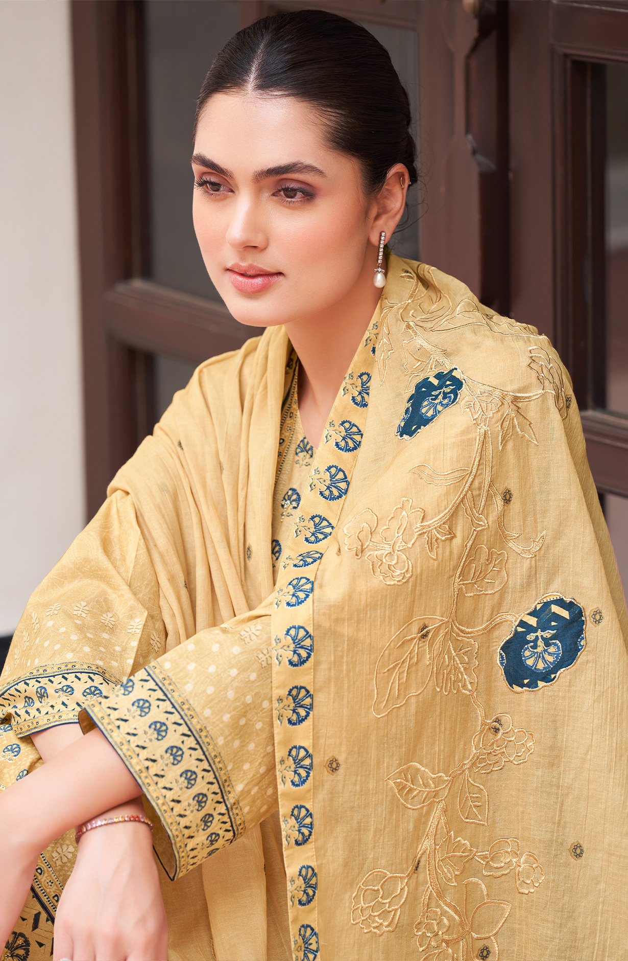 Mustard Cotton Digital Printed Unstitched Suit with Handwork - NIL694
