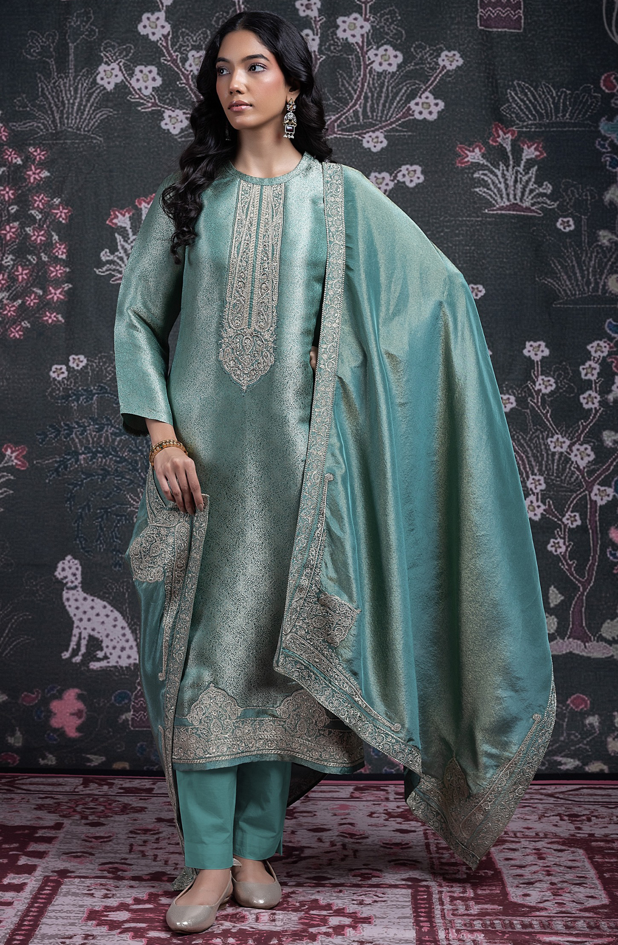 Green Silk Jacquard Suit Set with Tissue Silk Dupatta - NIMST2027A