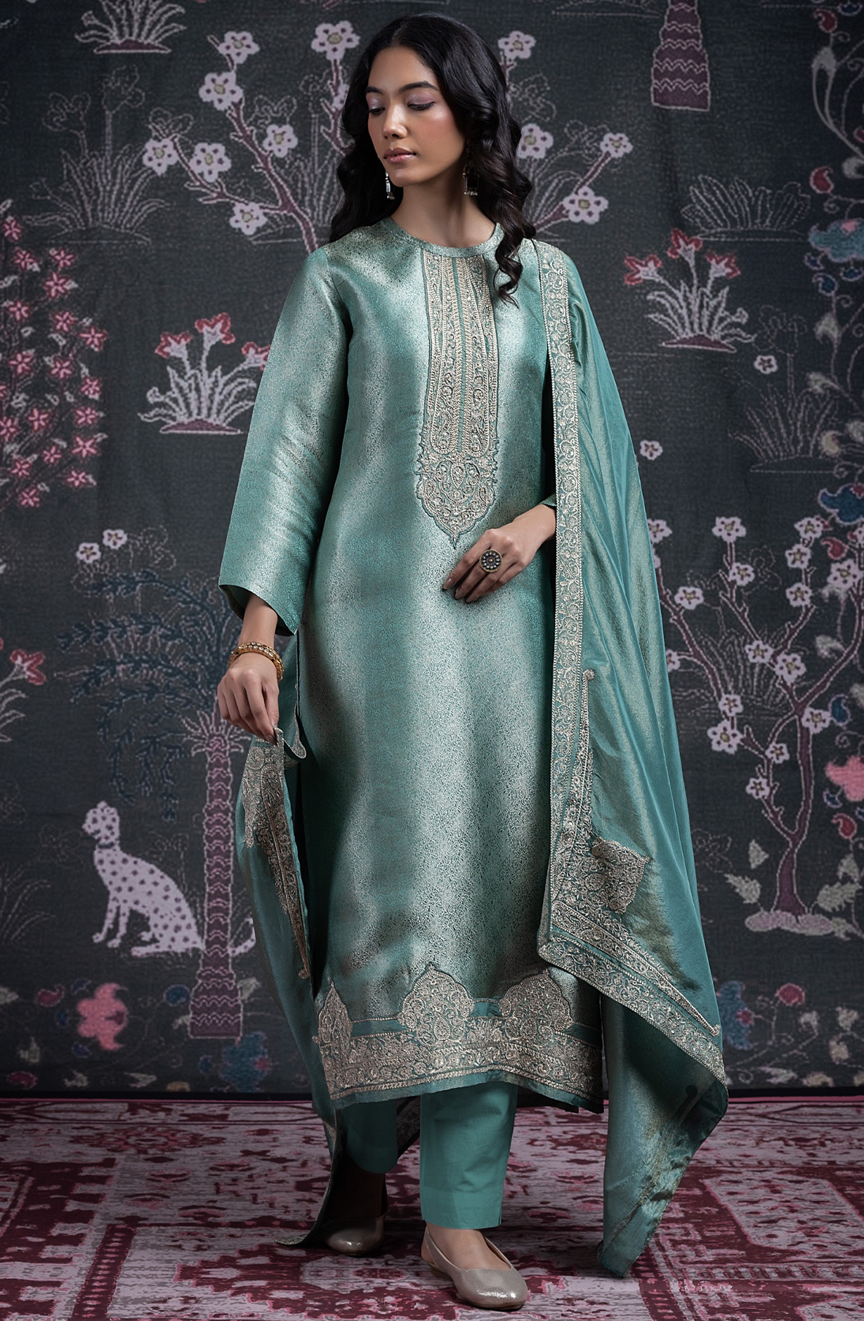 Green Silk Jacquard Suit Set with Tissue Silk Dupatta - NIMST2027A