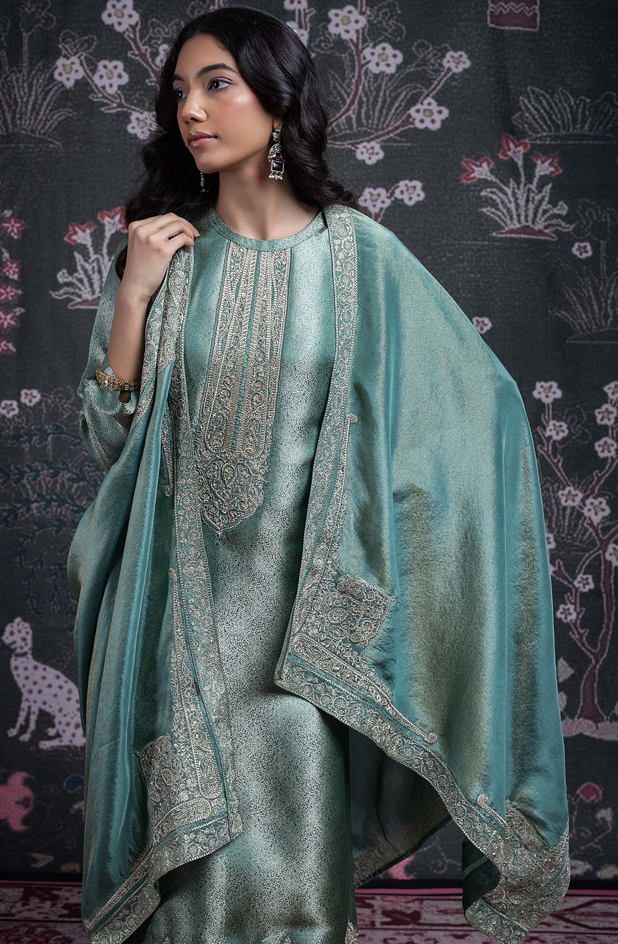 Green Silk Jacquard Suit Set with Tissue Silk Dupatta - NIMST2027A