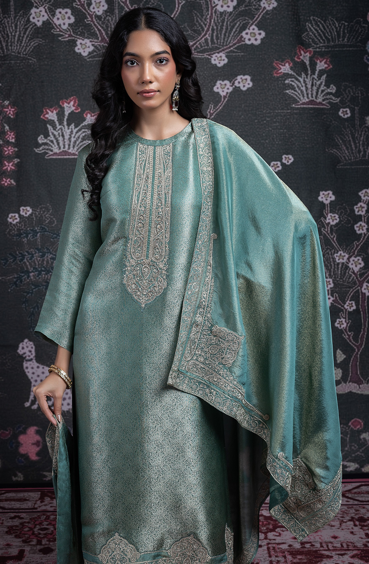 Green Silk Jacquard Suit Set with Tissue Silk Dupatta - NIMST2027A
