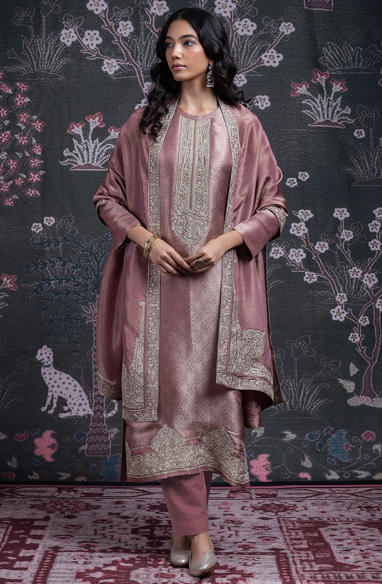Pink Silk Jacquard Suit Set with Tissue Silk Dupatta - NIMST2027B
