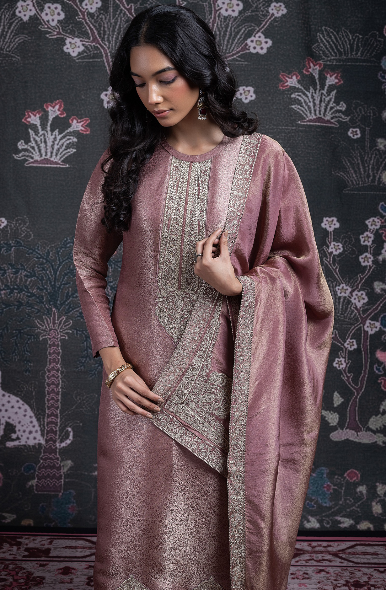 Pink Silk Jacquard Suit Set with Tissue Silk Dupatta - NIMST2027B
