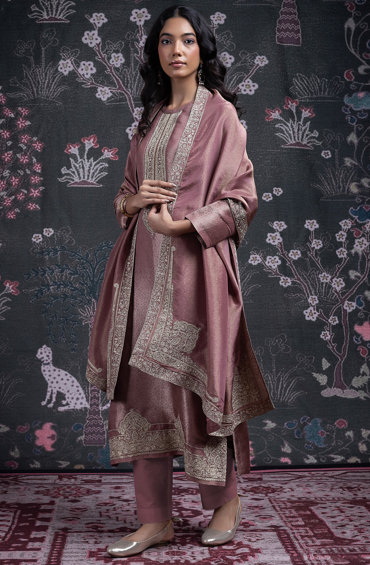 Pink Silk Jacquard Suit Set with Tissue Silk Dupatta - NIMST2027B