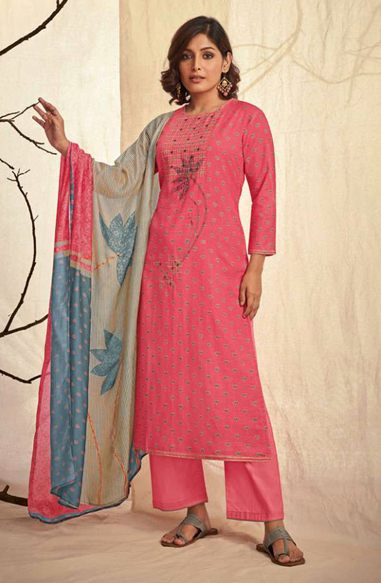 Pink Linen Cotton Unstitched Beautiful Salwar Kameez with Muslin Dupatta - NIR1791A