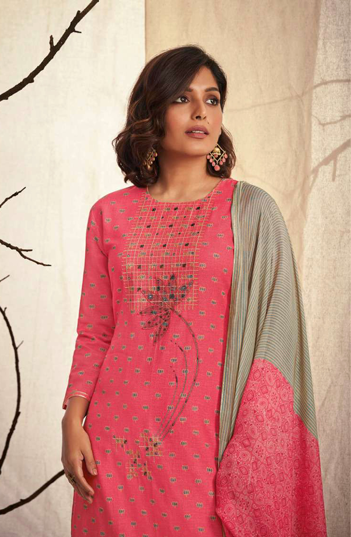Pink Linen Cotton Unstitched Beautiful Salwar Kameez with Muslin Dupatta - NIR1791A