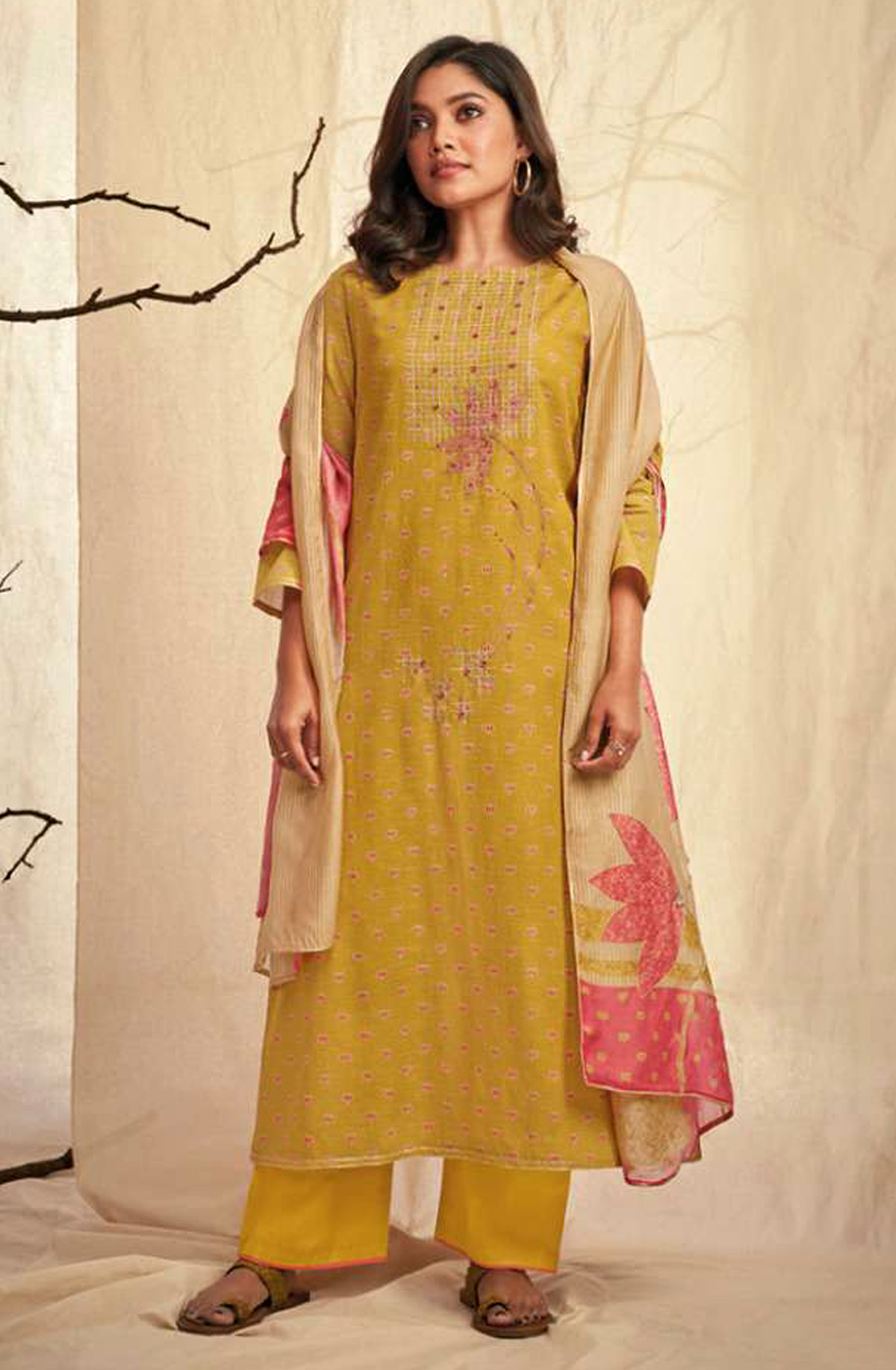 Mustard Yellow Linen Cotton Unstitched Beautiful Salwar Kameez with Muslin Dupatta - NIR1791B