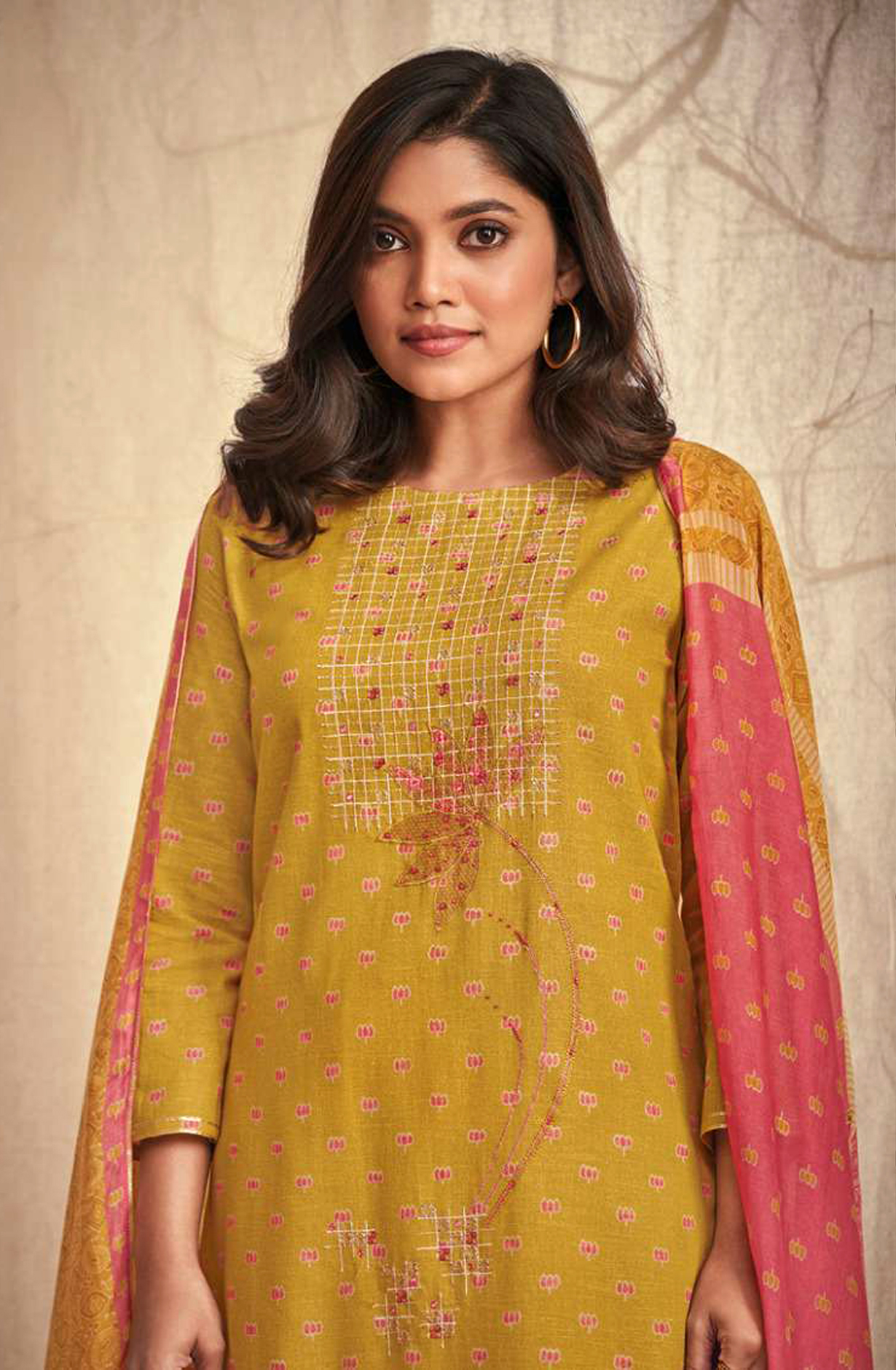 Mustard Yellow Linen Cotton Unstitched Beautiful Salwar Kameez with Muslin Dupatta - NIR1791B