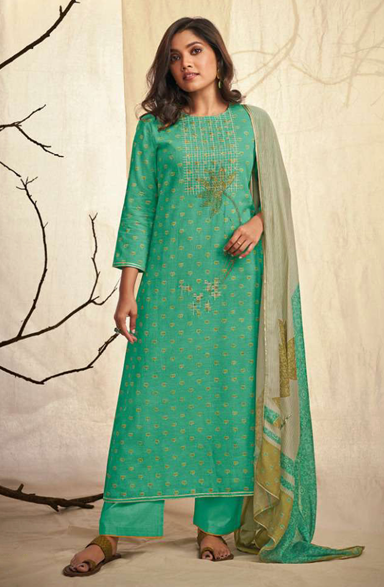 Green Linen Cotton Unstitched Beautiful Salwar Kameez with Muslin Dupatta - NIR1791C