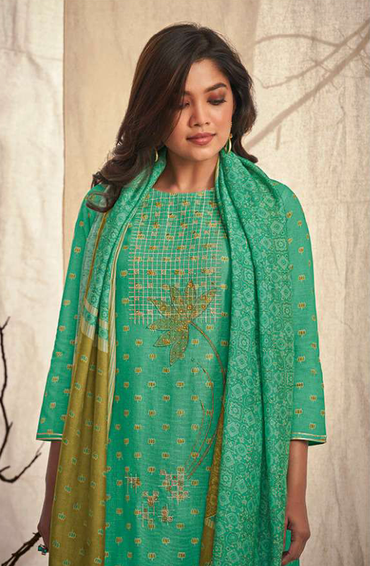 Green Linen Cotton Unstitched Beautiful Salwar Kameez with Muslin Dupatta - NIR1791C