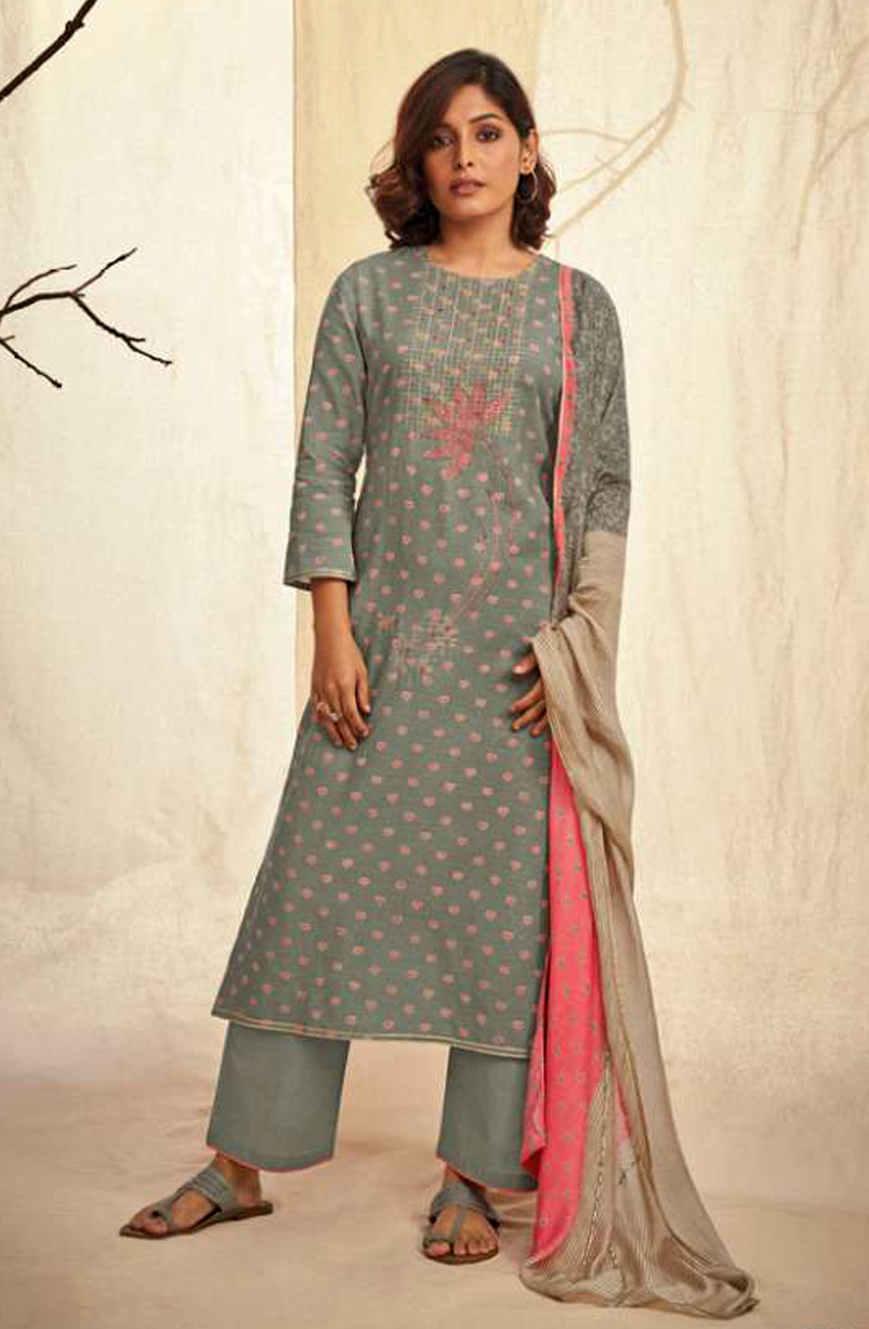 Grey Linen Cotton Unstitched Beautiful Salwar Kameez with Muslin Dupatta - NIR1791D