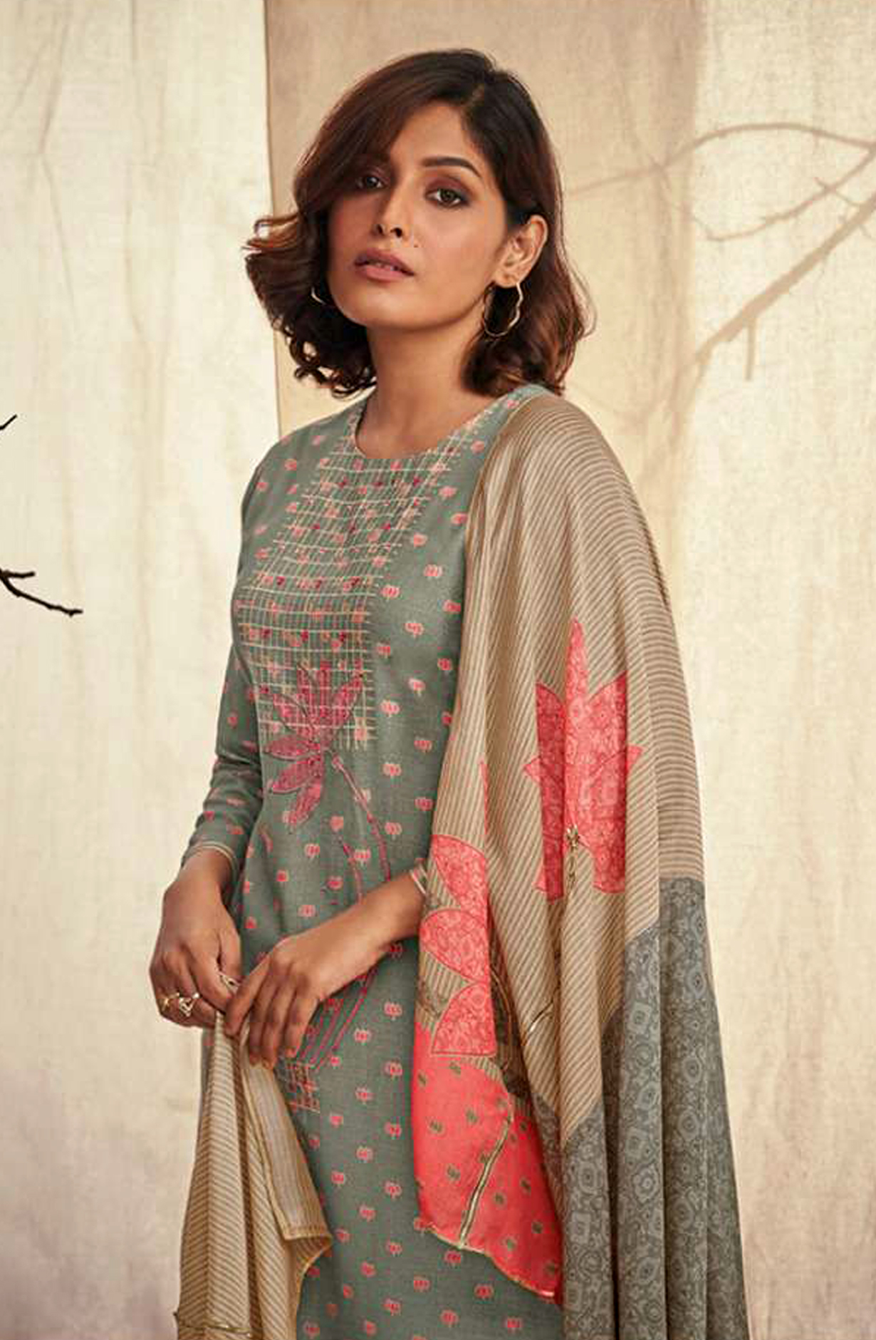 Grey Linen Cotton Unstitched Beautiful Salwar Kameez with Muslin Dupatta - NIR1791D