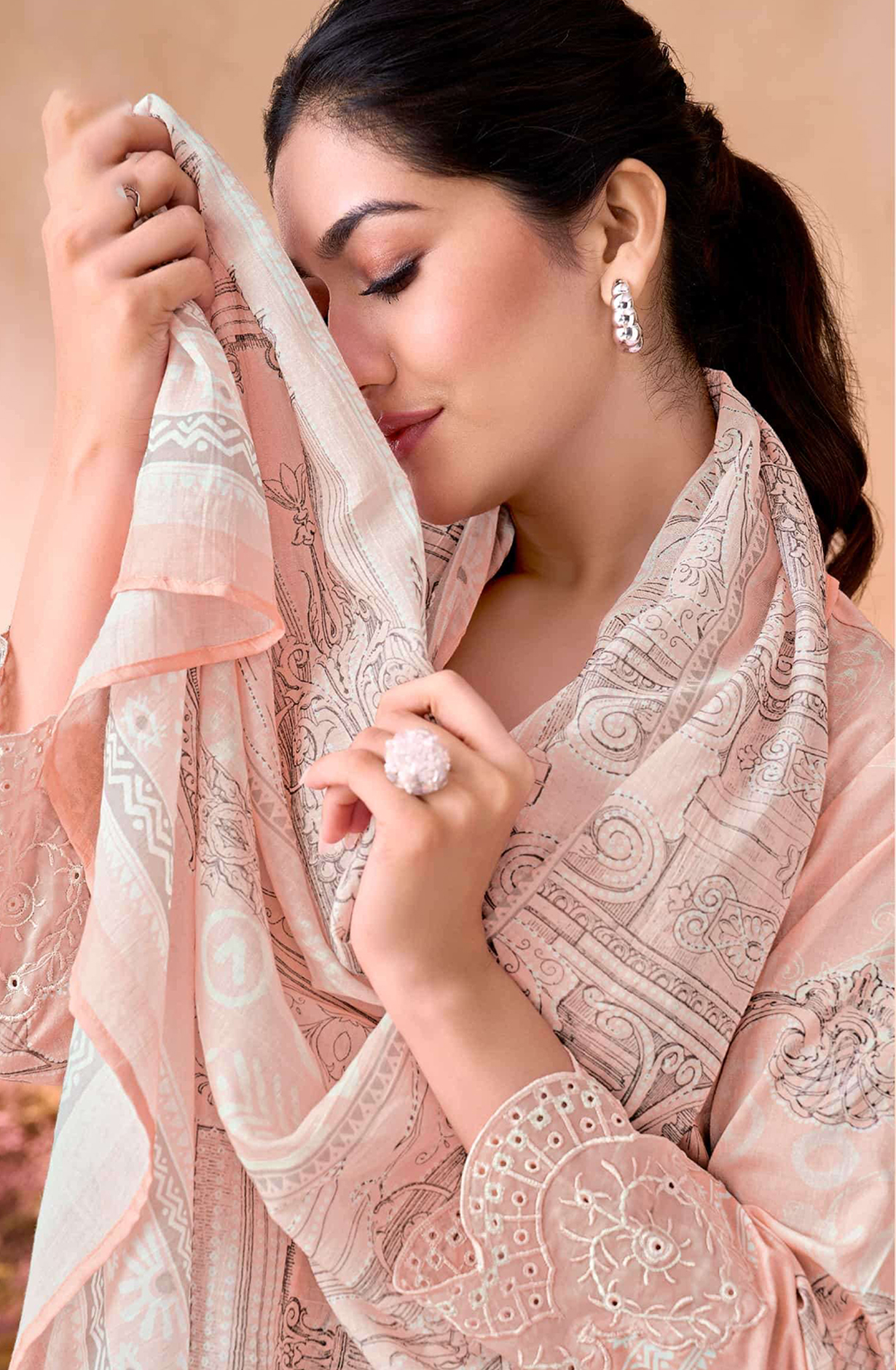 Peach Cotton Suit Set with Cotton Dupatta - NIV741