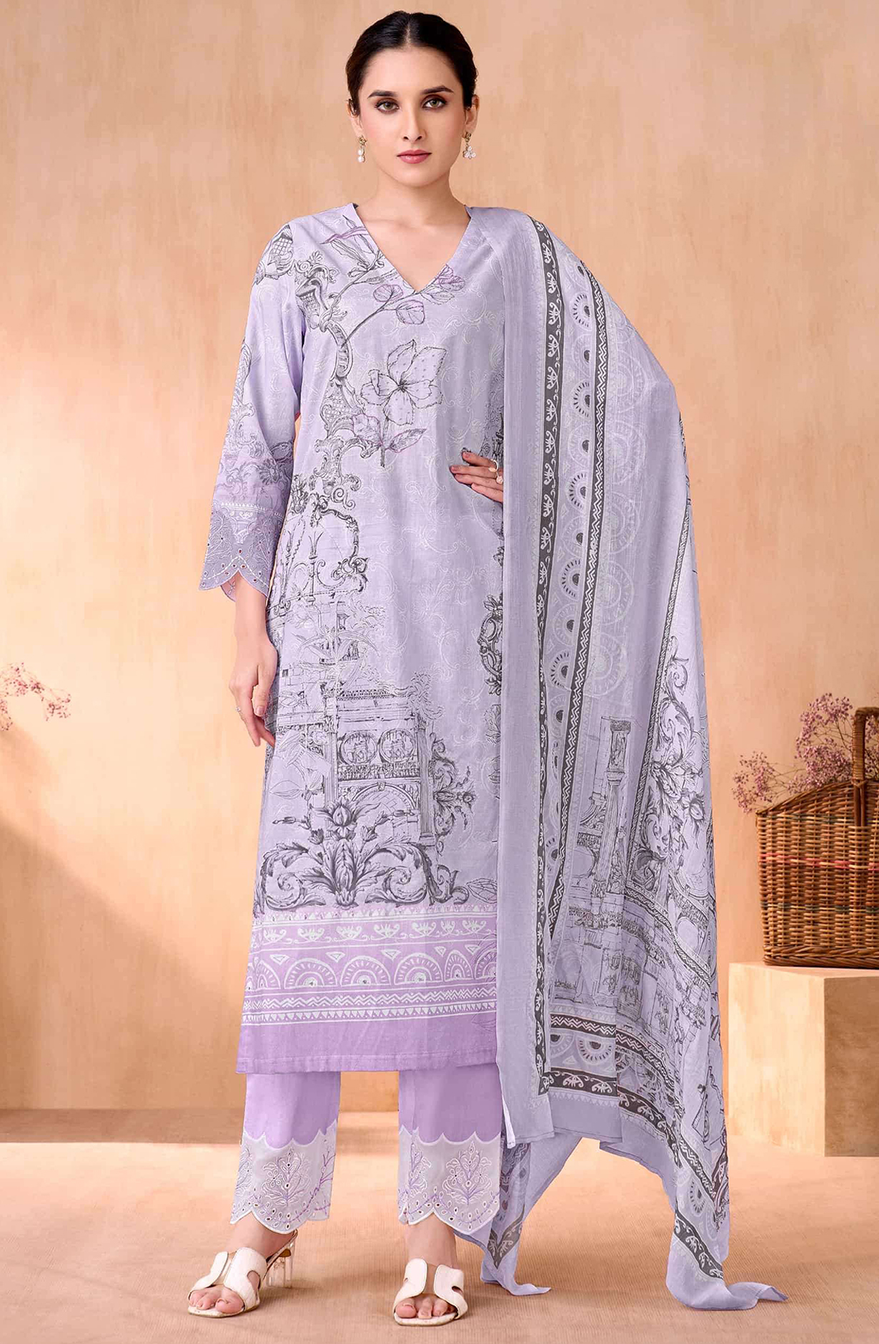 Purple Cotton Suit Set with Cotton Dupatta - NIV756