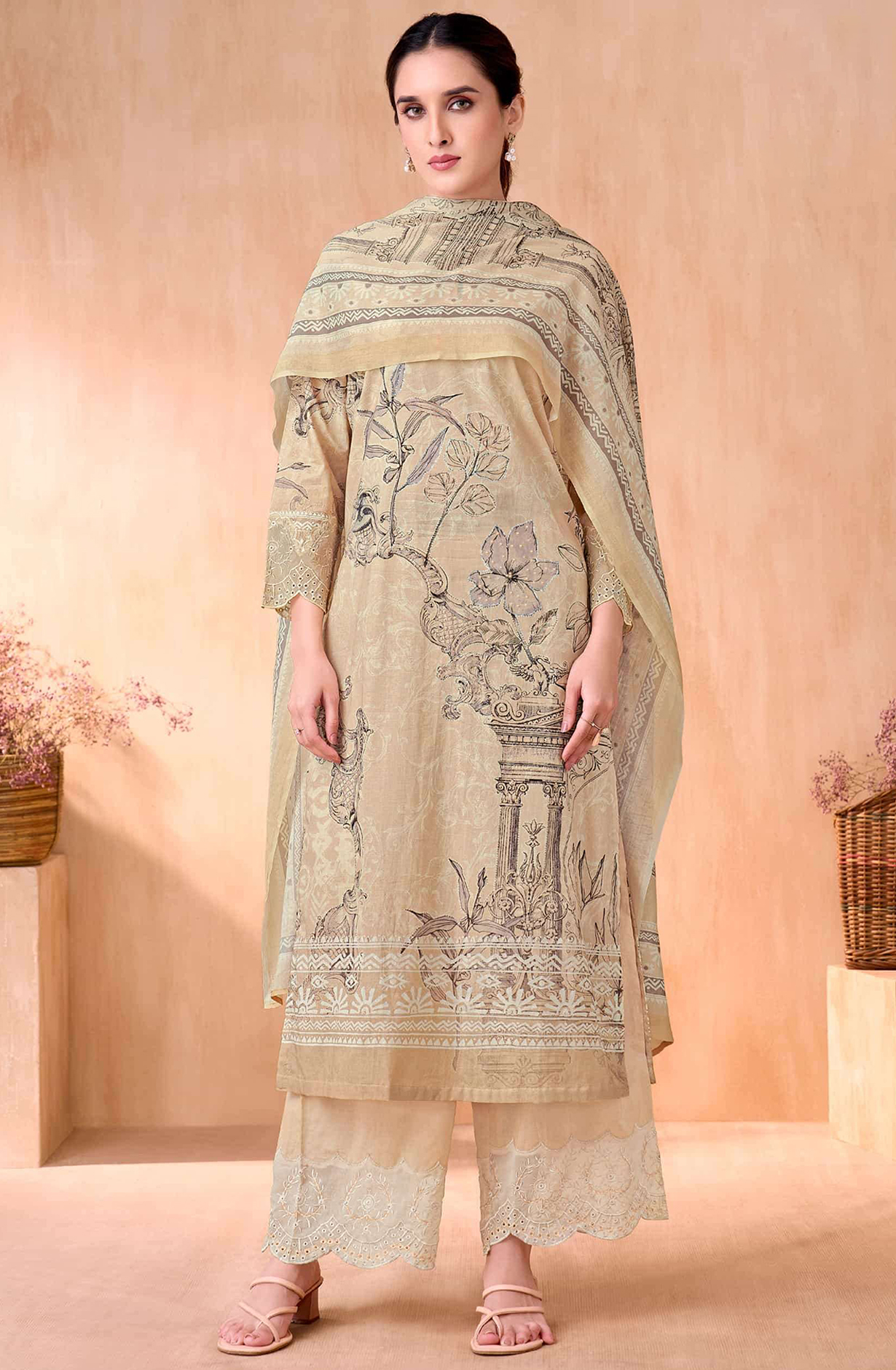 Beige Cotton Suit Set with Cotton Dupatta - NIV765
