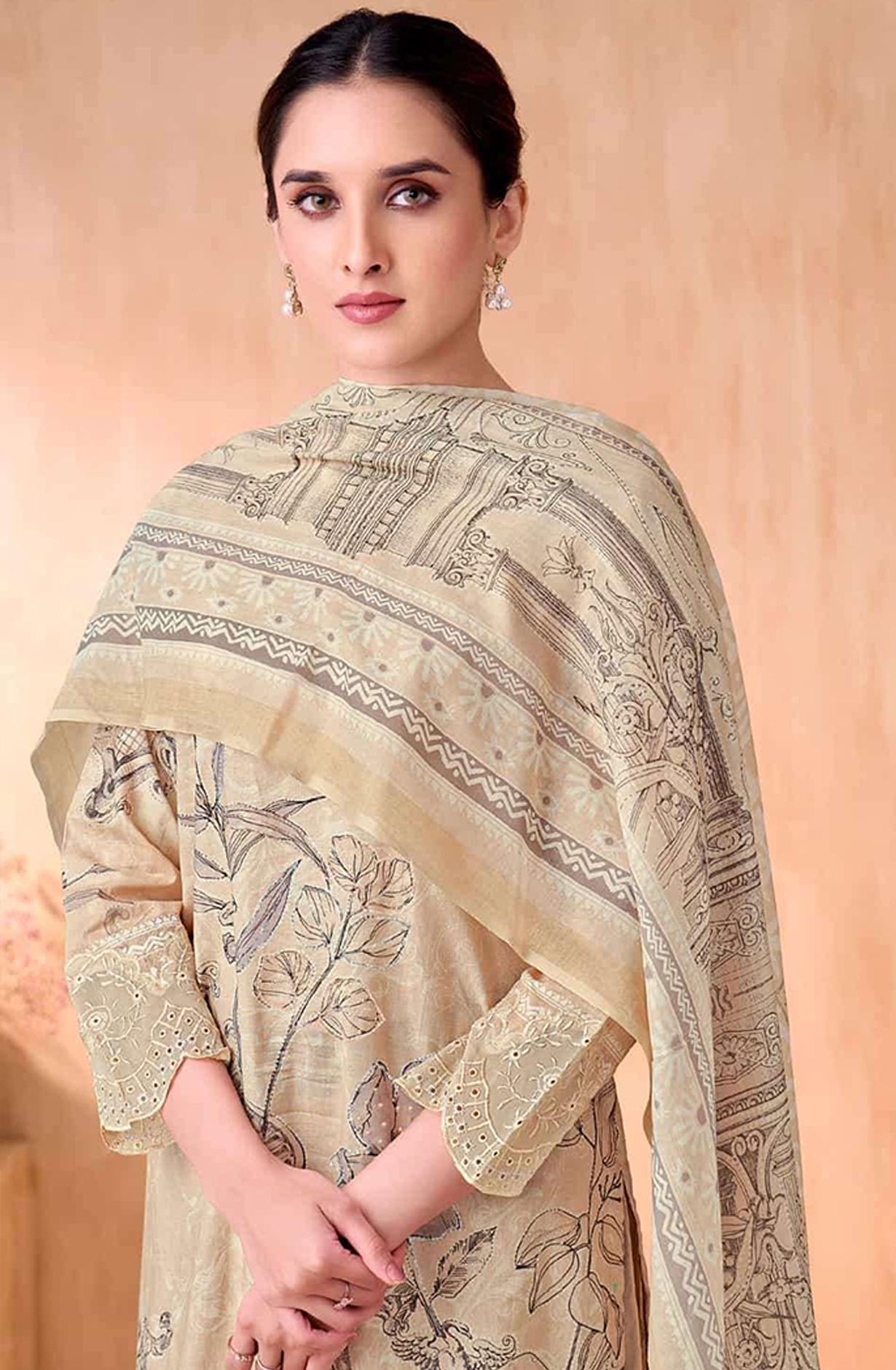 Beige Cotton Suit Set with Cotton Dupatta - NIV765