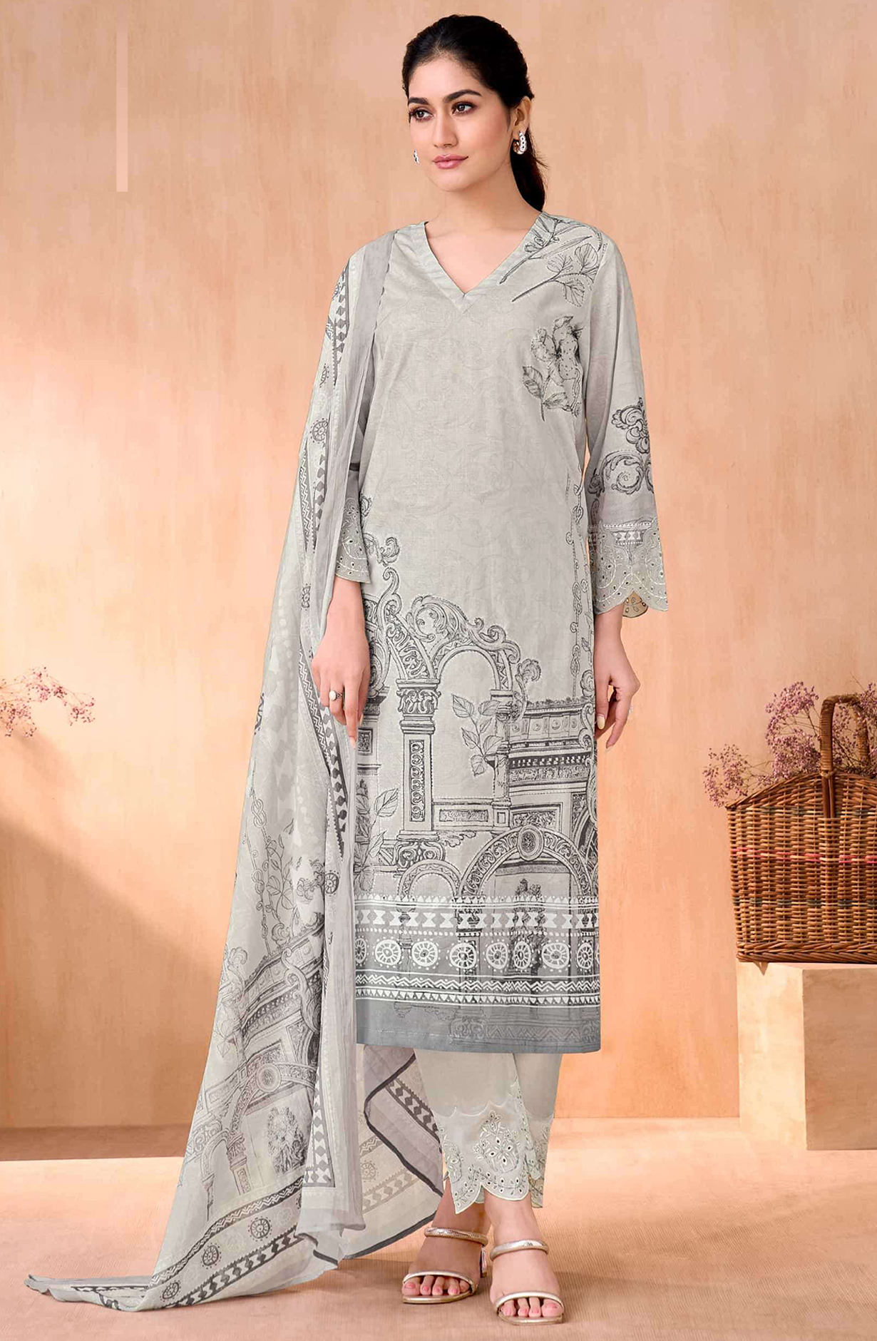 Grey Cotton Suit Set with Cotton Dupatta - NIV789