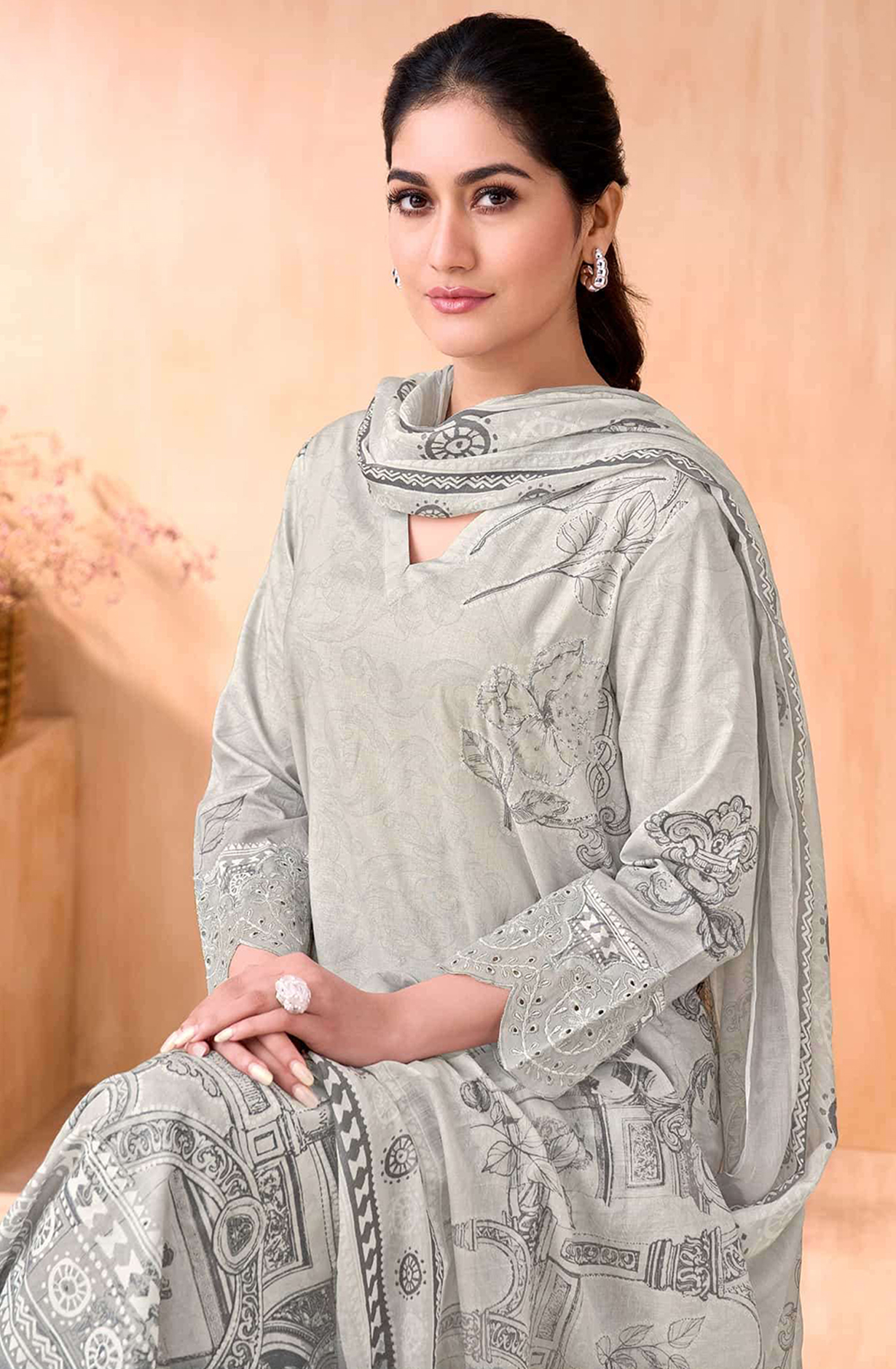 Grey Cotton Suit Set with Cotton Dupatta - NIV789