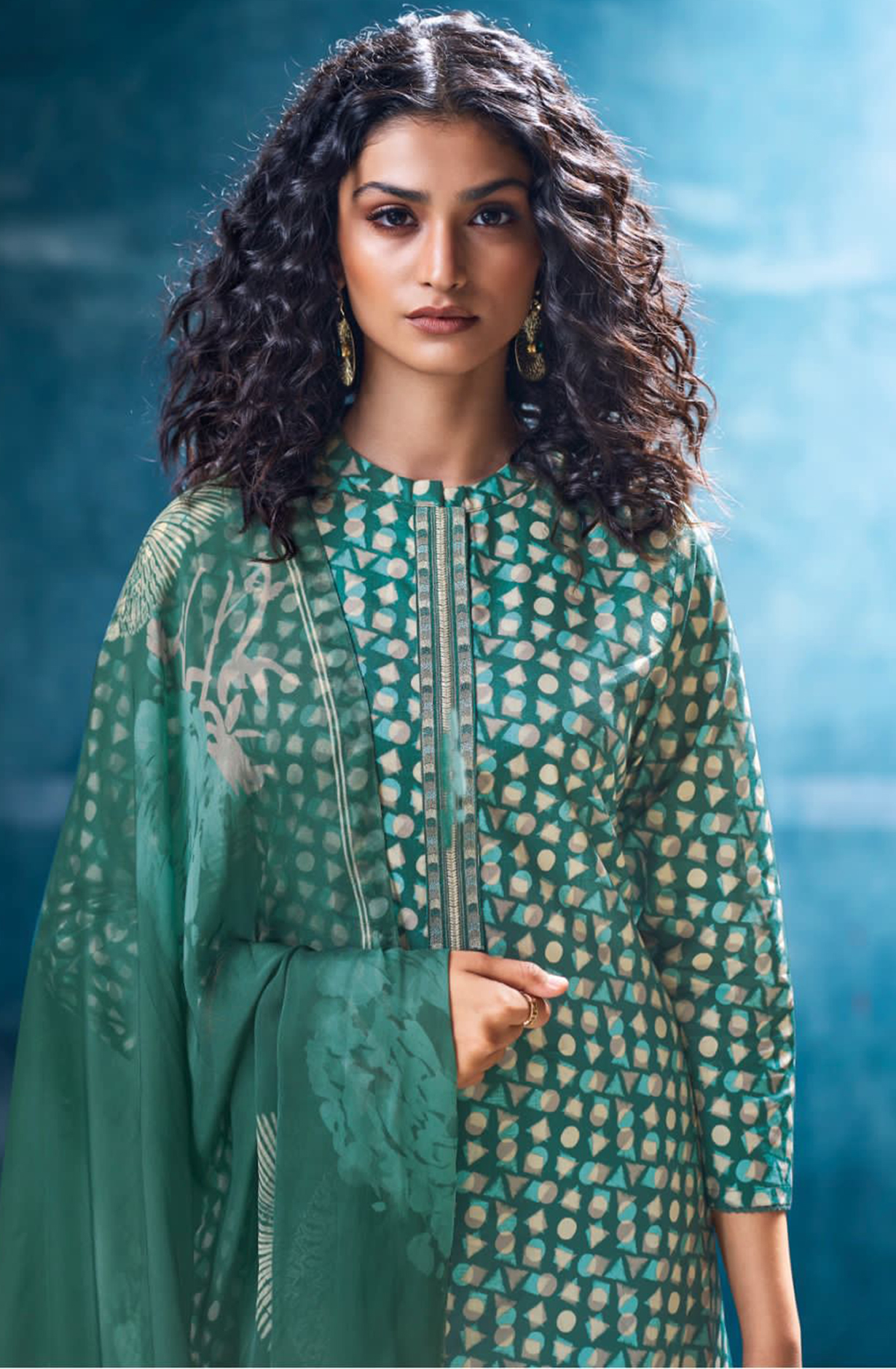 Green Printed Cotton Suit Dupatta- NIVS3584A