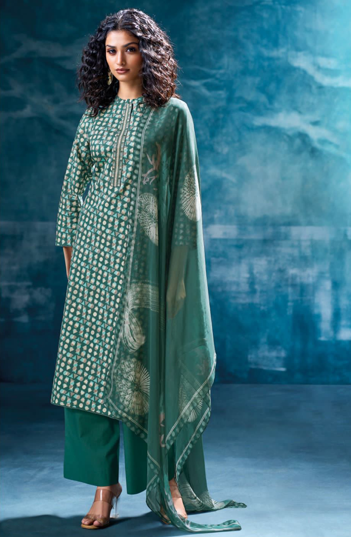 Green Printed Cotton Suit Dupatta- NIVS3584A