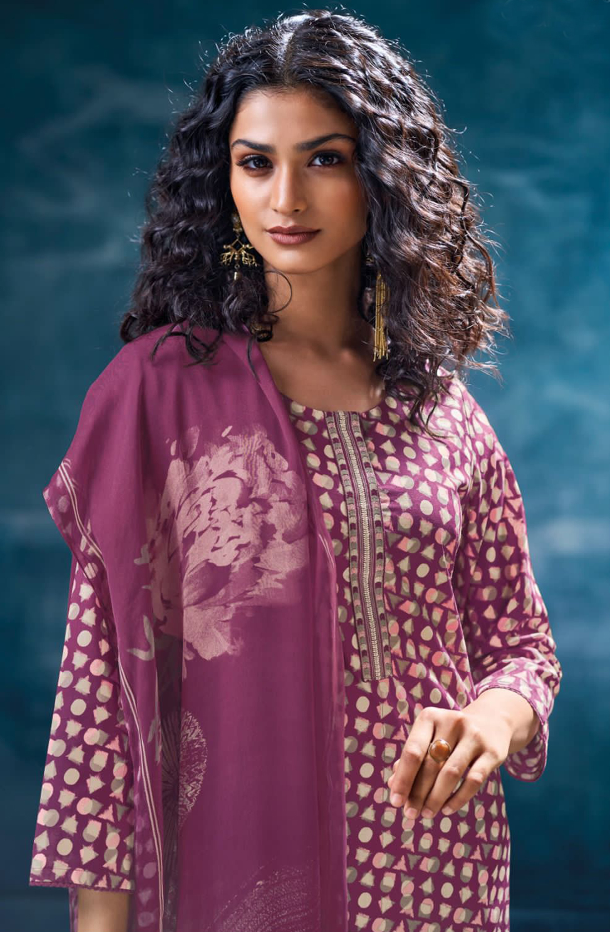 Purple Printed Cotton Suit Dupatta- NIVS3584C