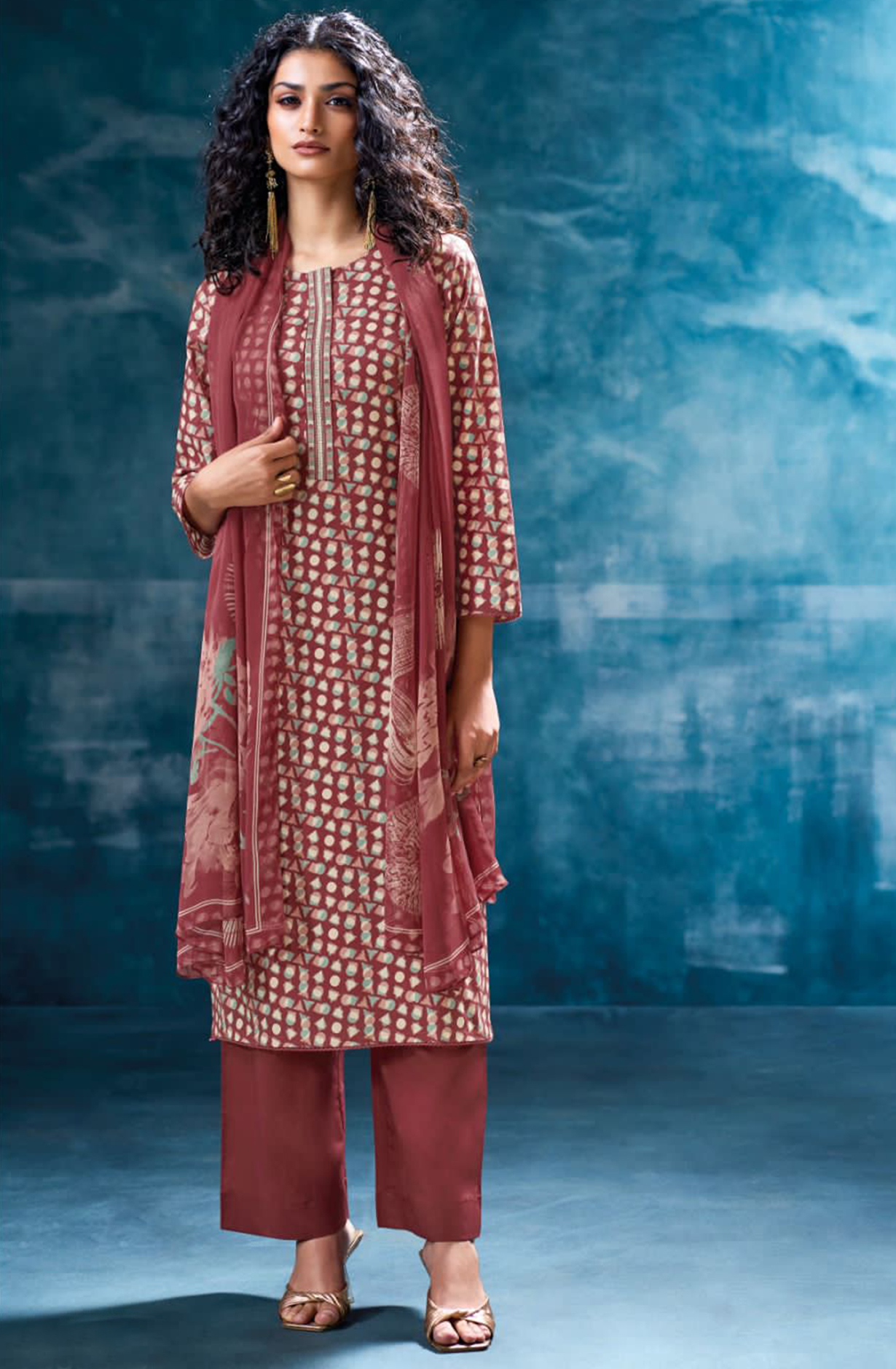 Mehroon Printed Cotton Suit Dupatta- NIVS3584D