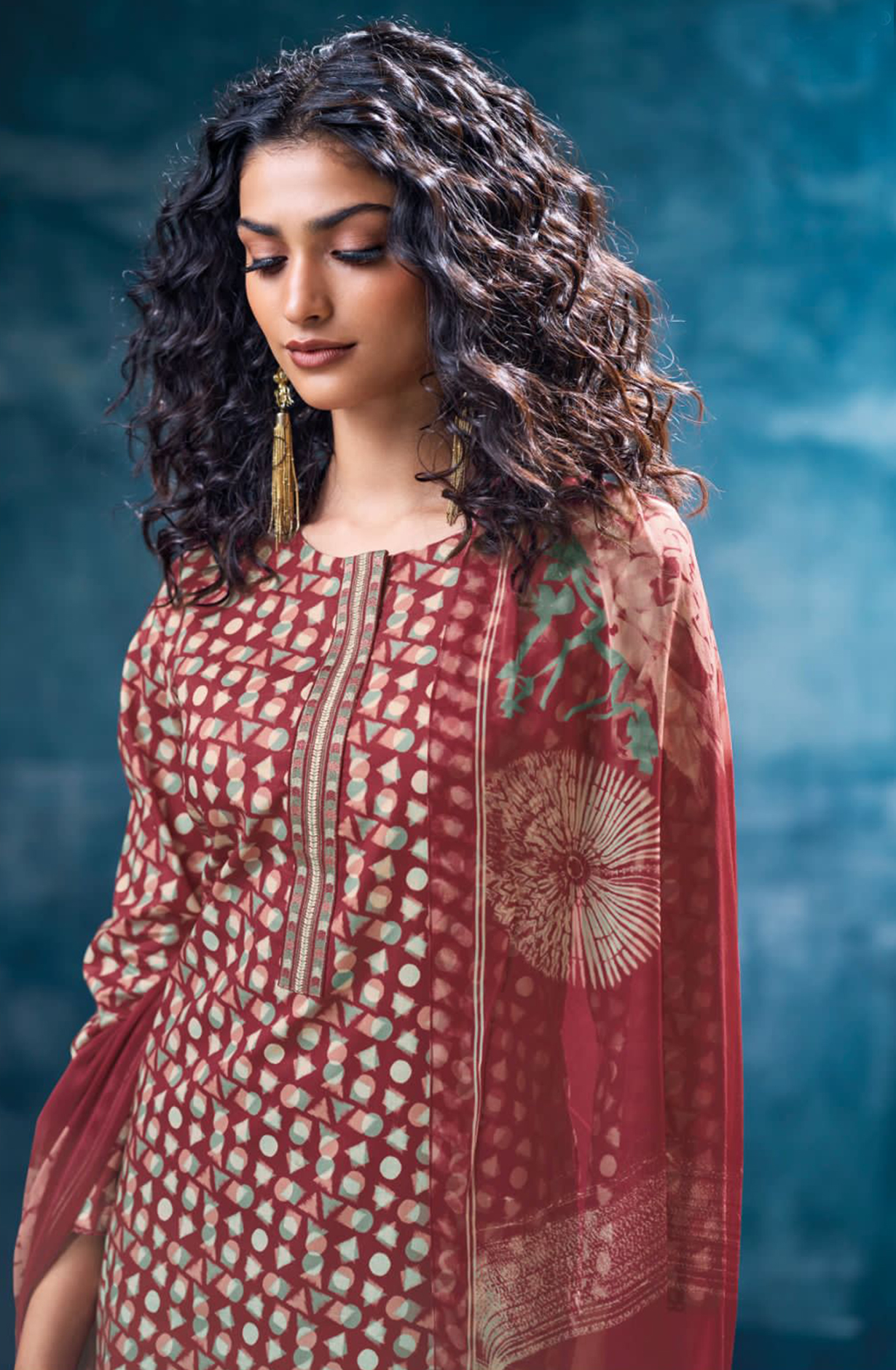 Mehroon Printed Cotton Suit Dupatta- NIVS3584D