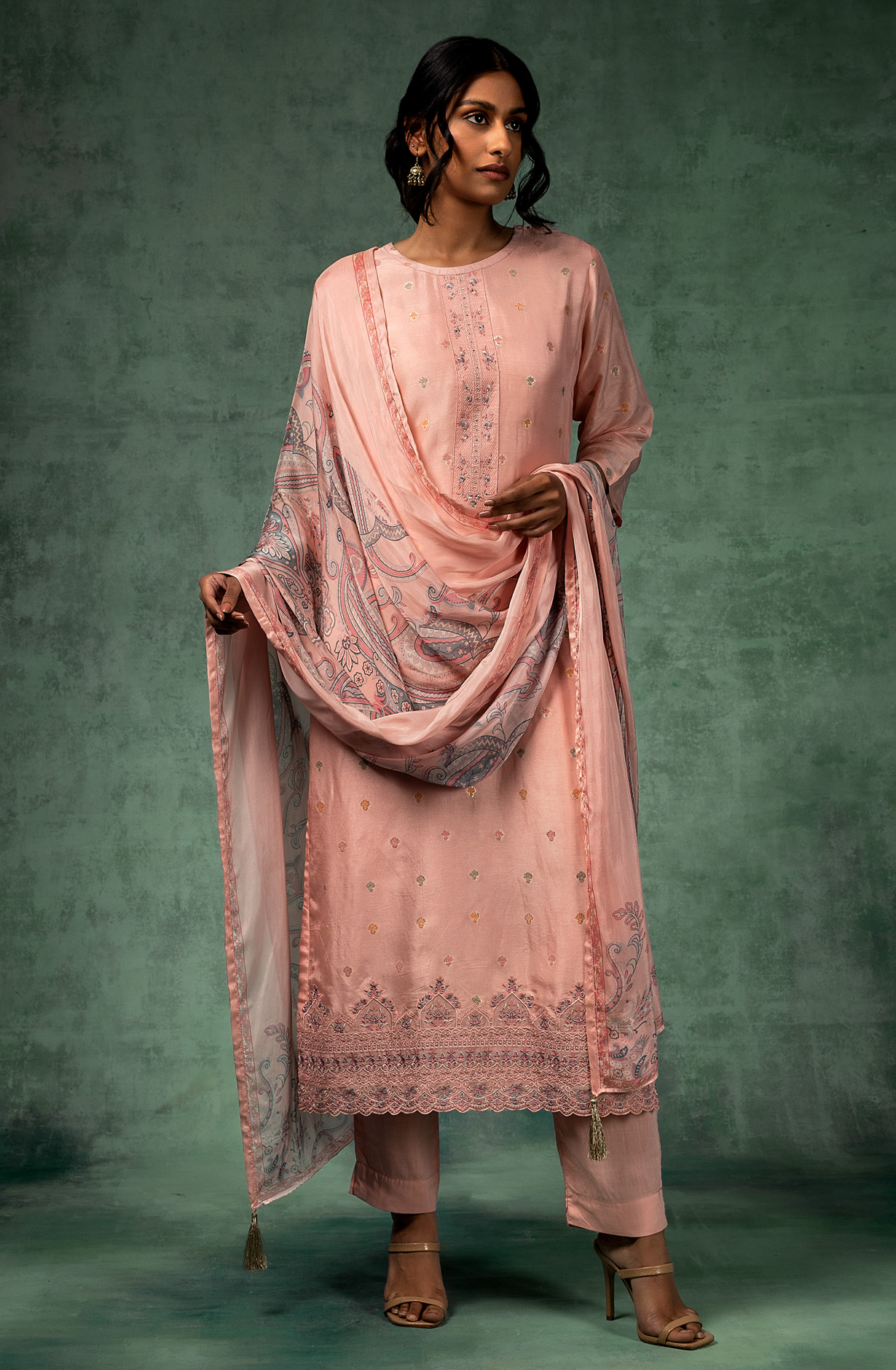 Pink Beautiful Silk Embroidered Suit-set with Muslin Dupatta - NOO1834A