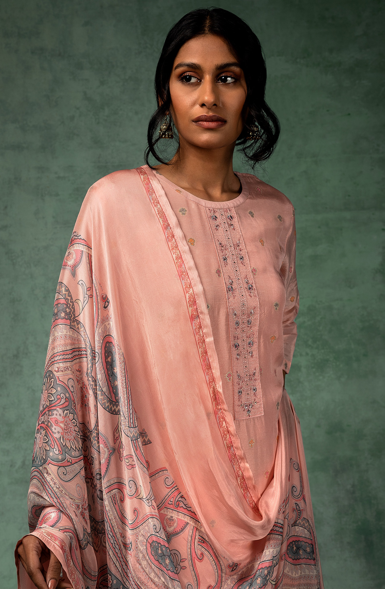 Pink Beautiful Silk Embroidered Suit-set with Muslin Dupatta - NOO1834A