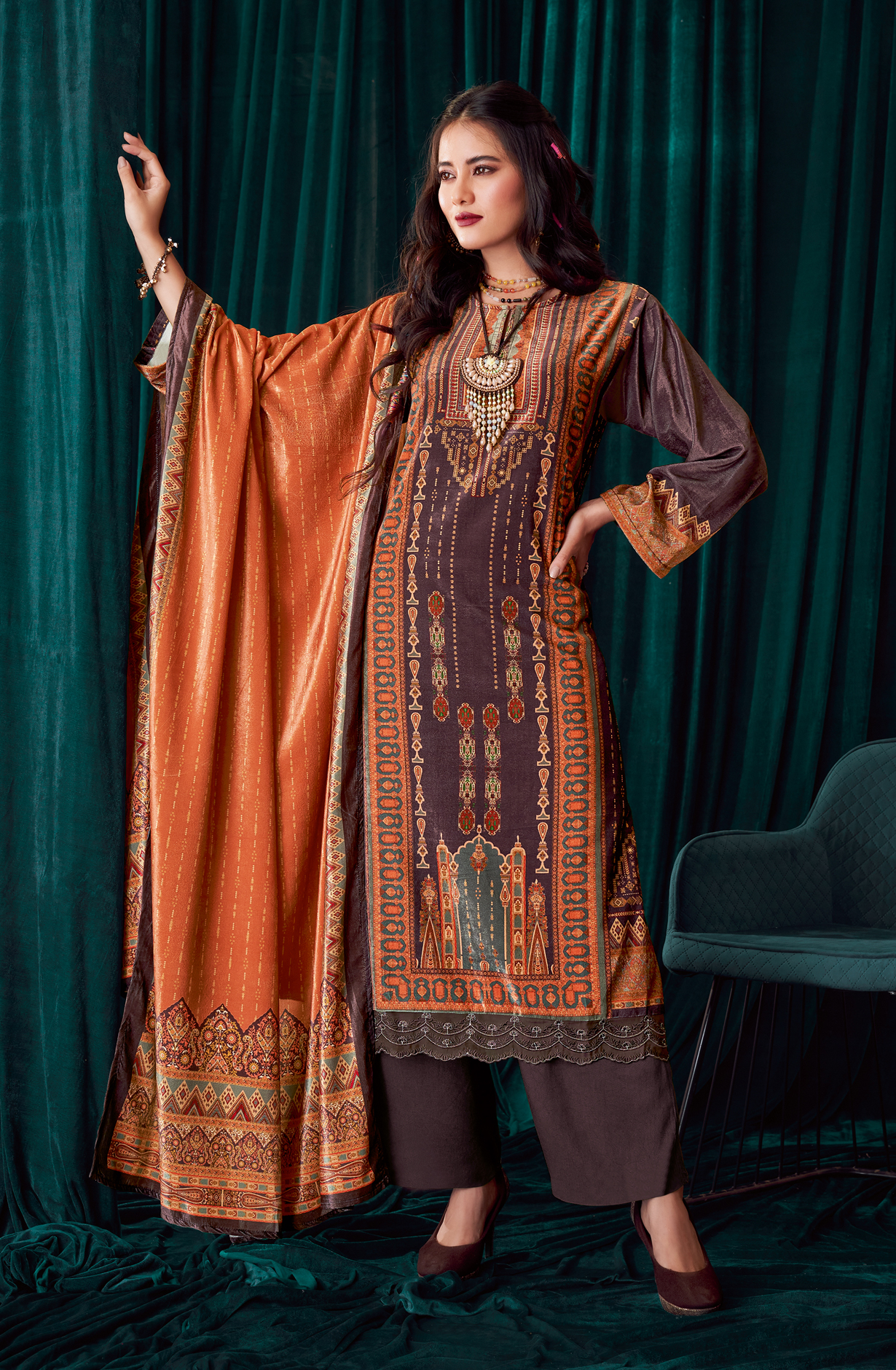 Chocolate Brown Beautiful Velvet Unstitched Salwar Suit - NOO325