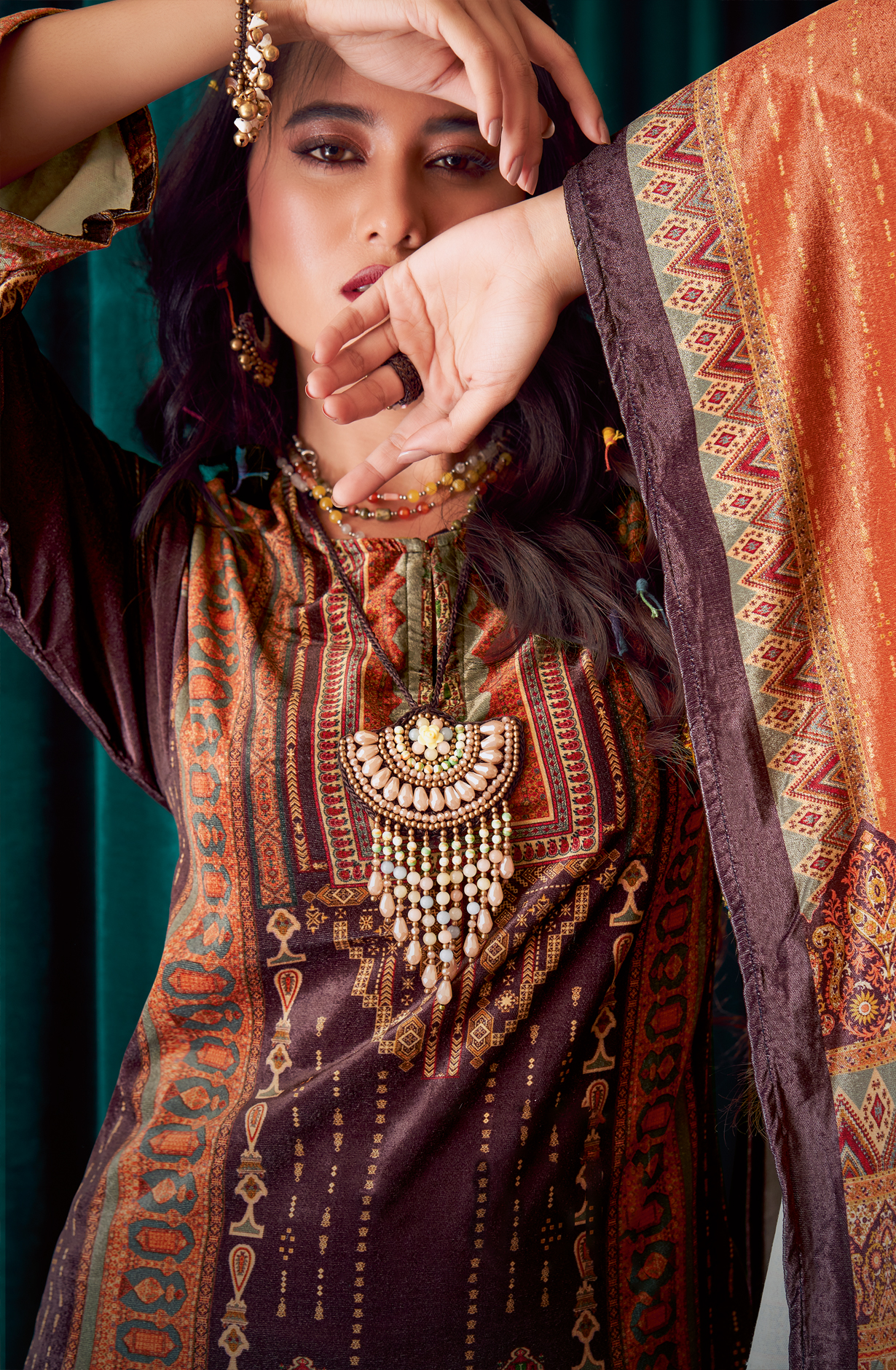 Chocolate Brown Beautiful Velvet Unstitched Salwar Suit - NOO325