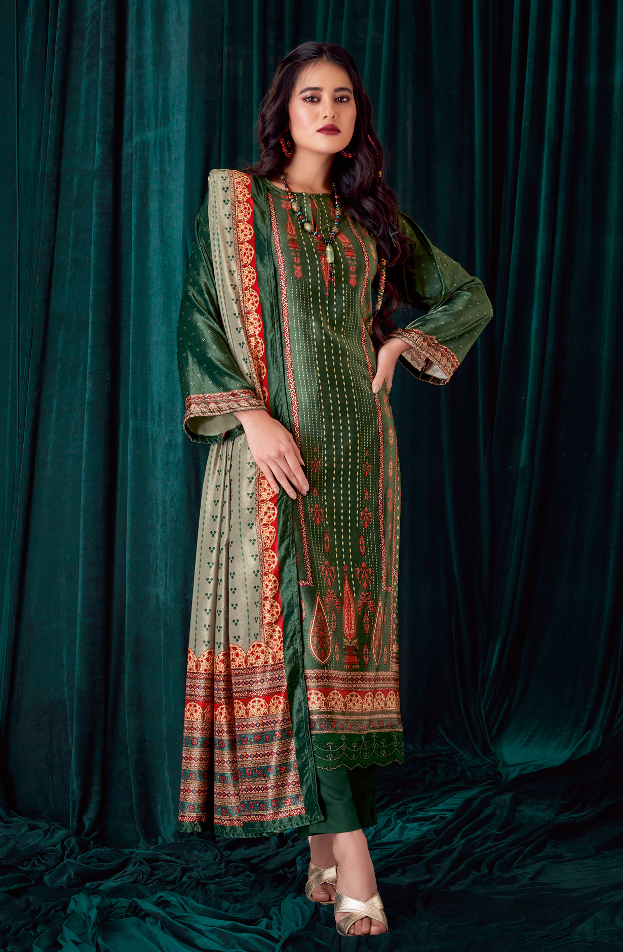 Bottle Green Beautiful Velvet Unstitched Salwar Suit - NOO345