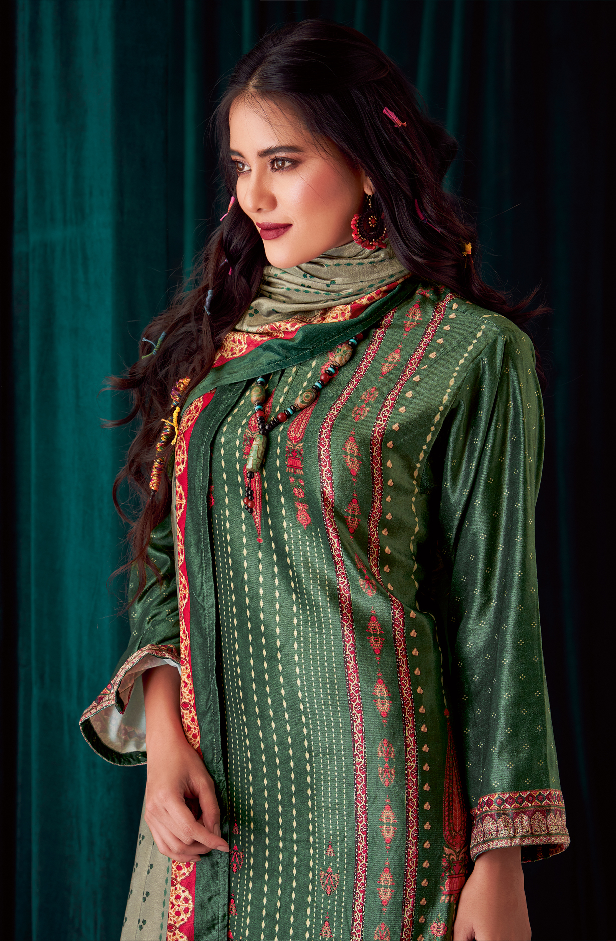 Bottle Green Beautiful Velvet Unstitched Salwar Suit - NOO345
