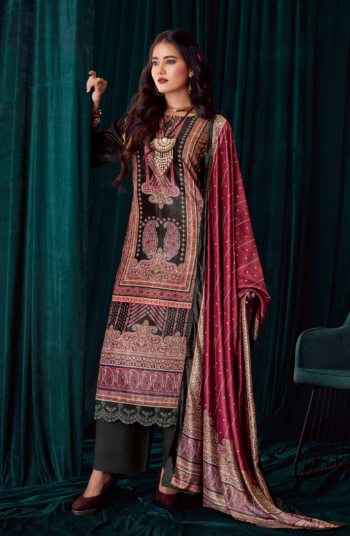 Black Beautiful Velvet Unstitched Salwar Suit - NOO351