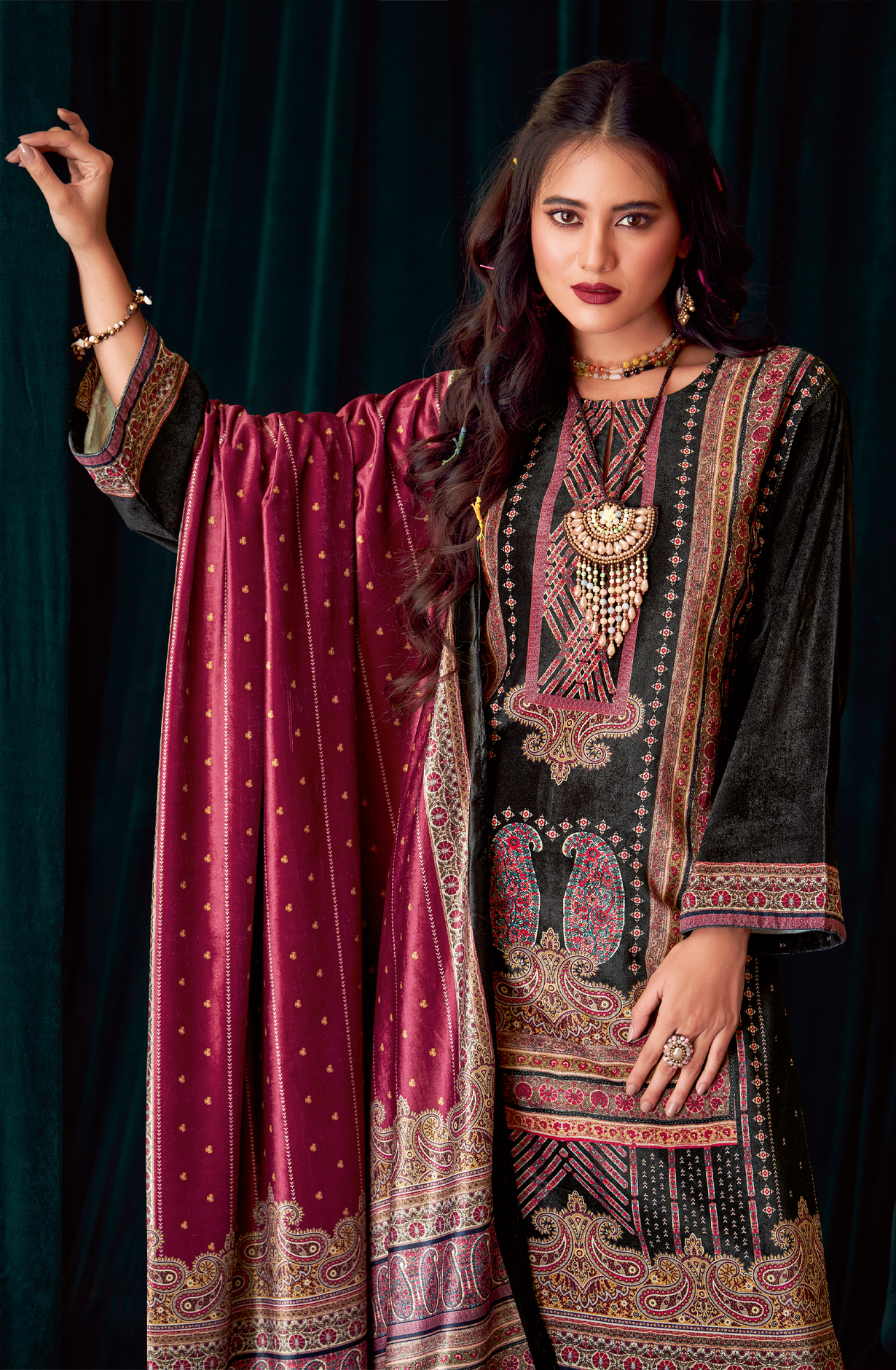 Black Beautiful Velvet Unstitched Salwar Suit - NOO351