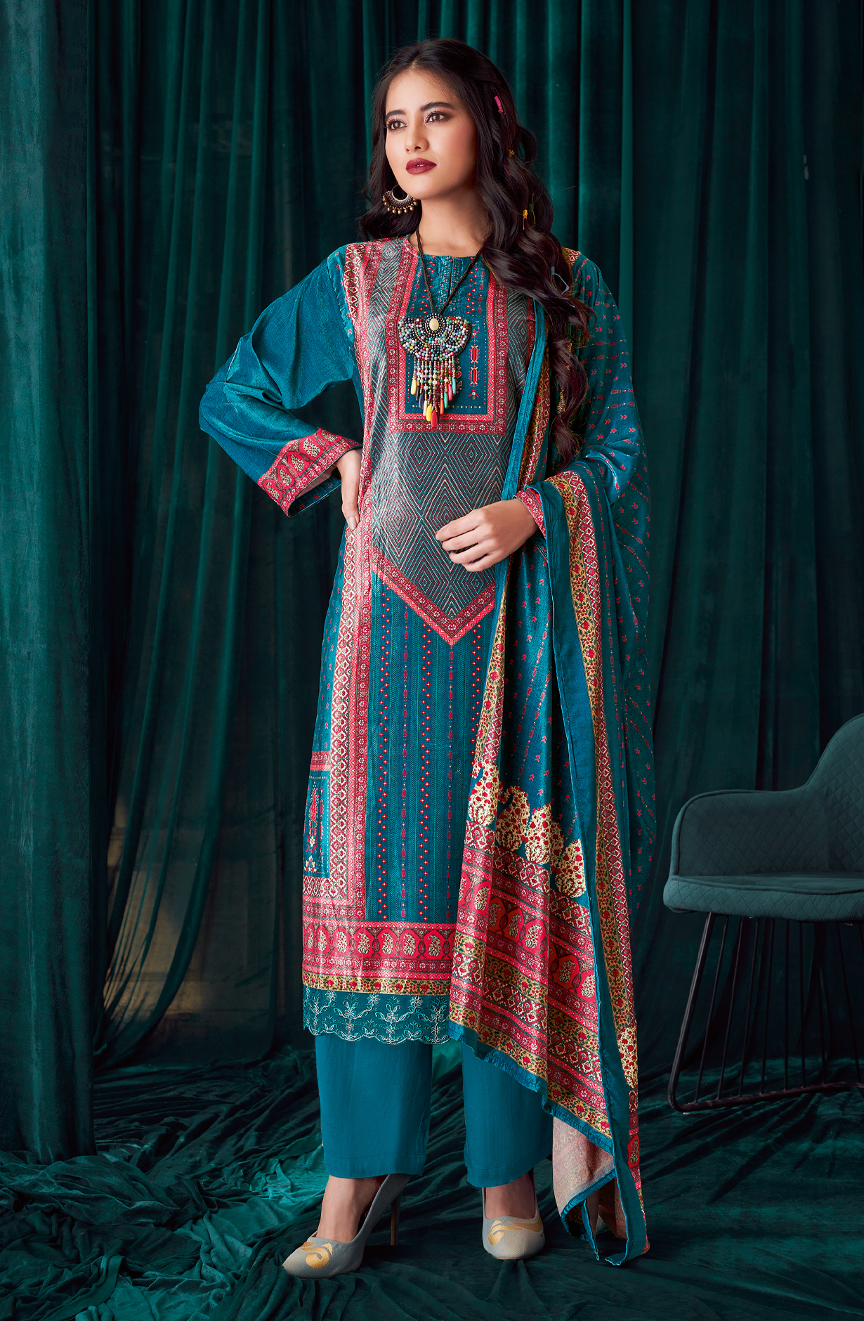 Teal Beautiful Velvet Unstitched Salwar Suit - NOO376