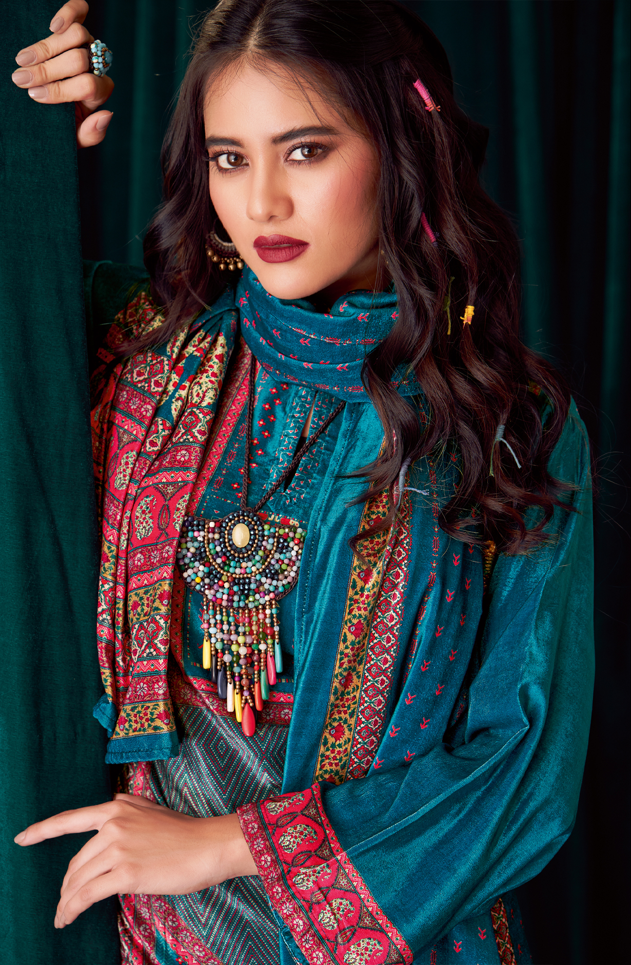 Teal Beautiful Velvet Unstitched Salwar Suit - NOO376