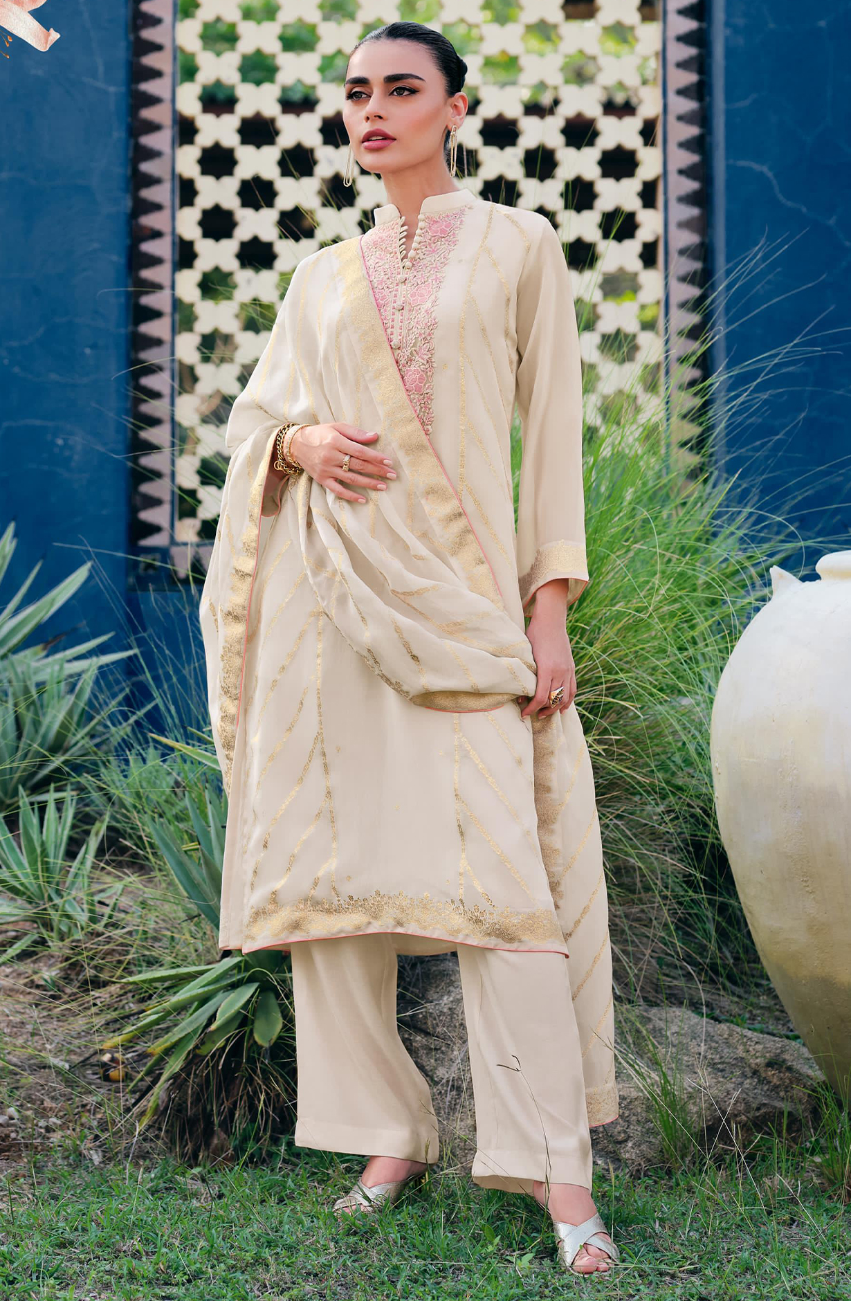 Organza Beautiful Cream Suit Set with Dupatta - NORNOE05